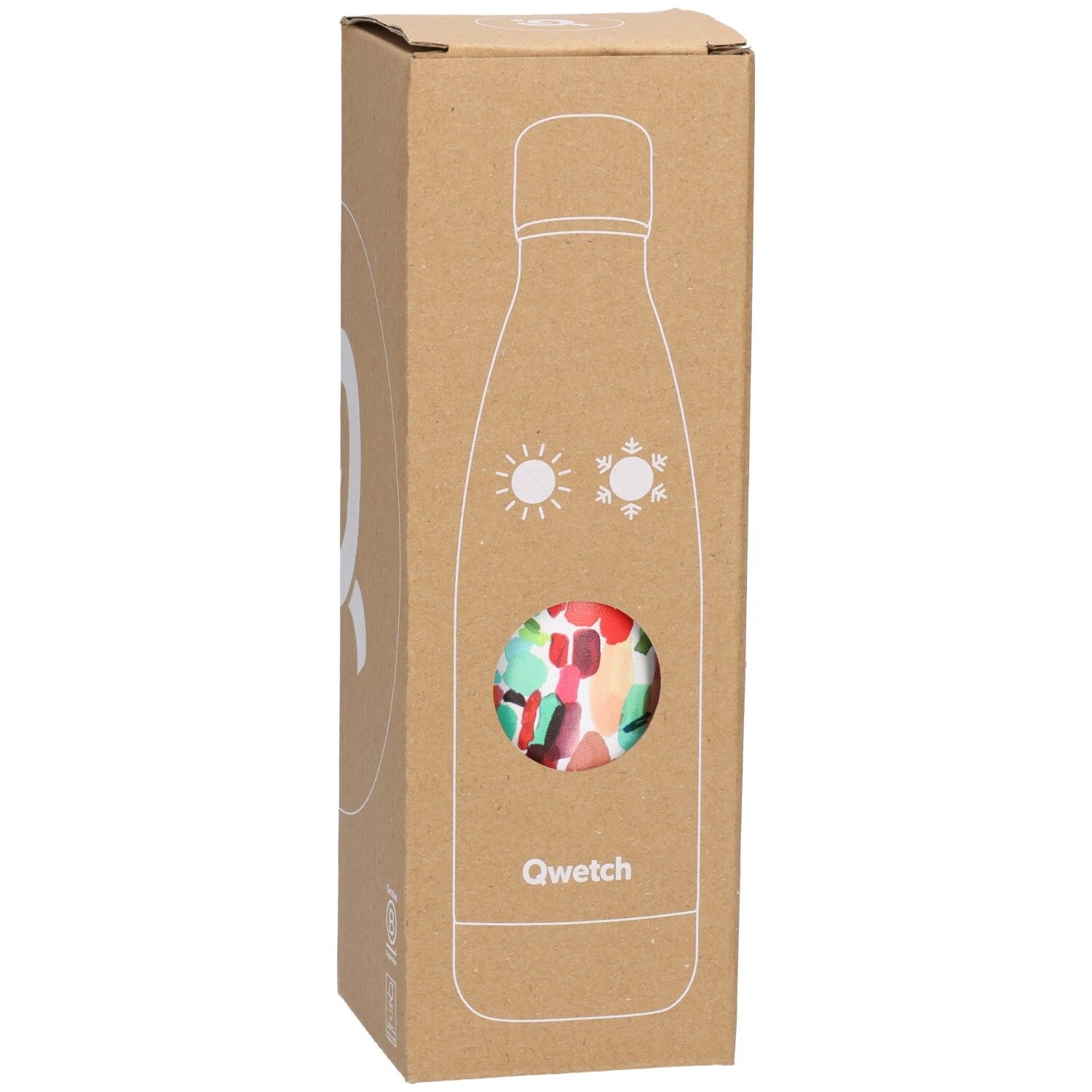 Emballage en carton avec fenêtre. Thermos Qwetch à motifs colorés. Illustration soleil et flocon de neige.