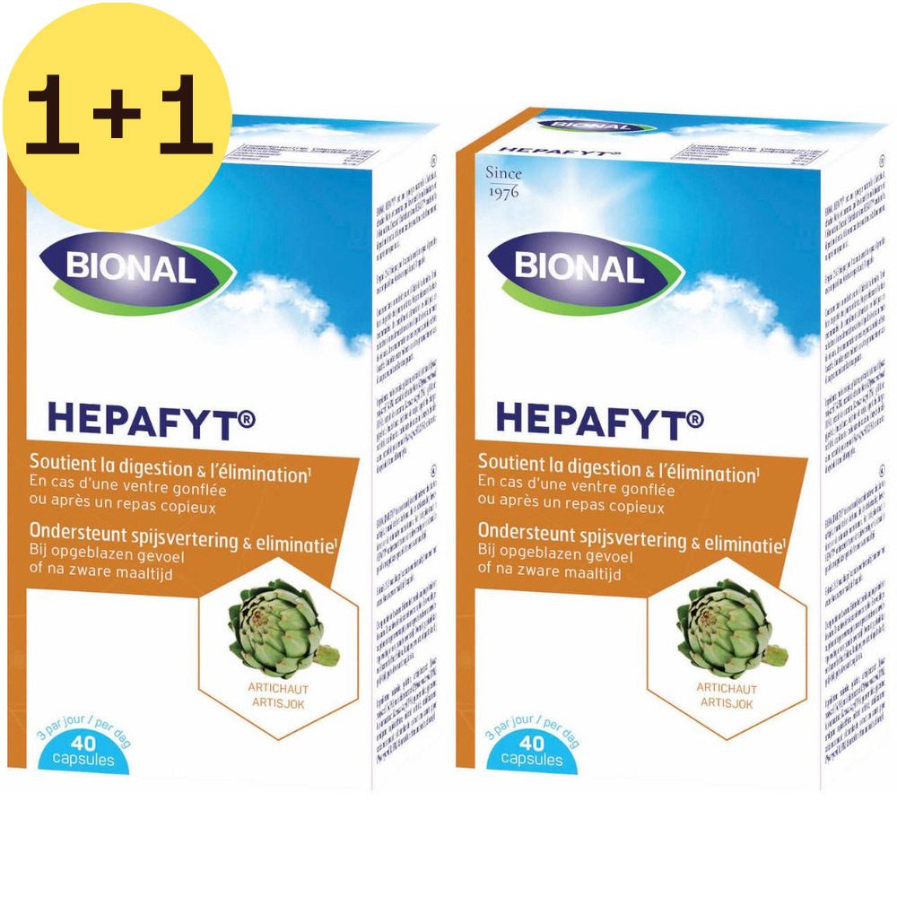 Deux boîtes de Bional Hepafyt avec autocollant 1+1 GRATUIT. Emballage bleu, vert et blanc. Texte : Hepafyt, artichaut, 40 capsules.