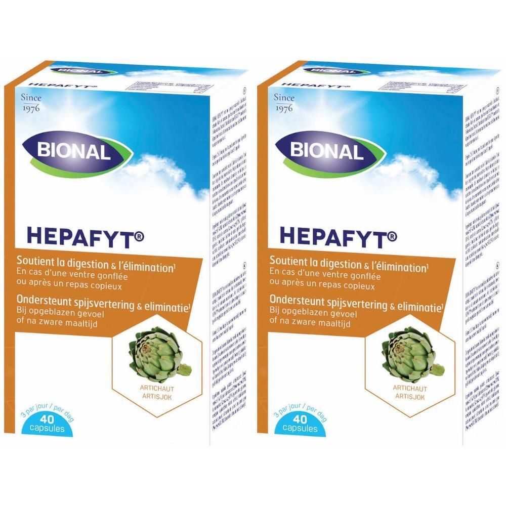 Deux boîtes de Bional Hepafyt. Emballage bleu, vert et blanc. Texte : Hepafyt, artichaut, 40 capsules.