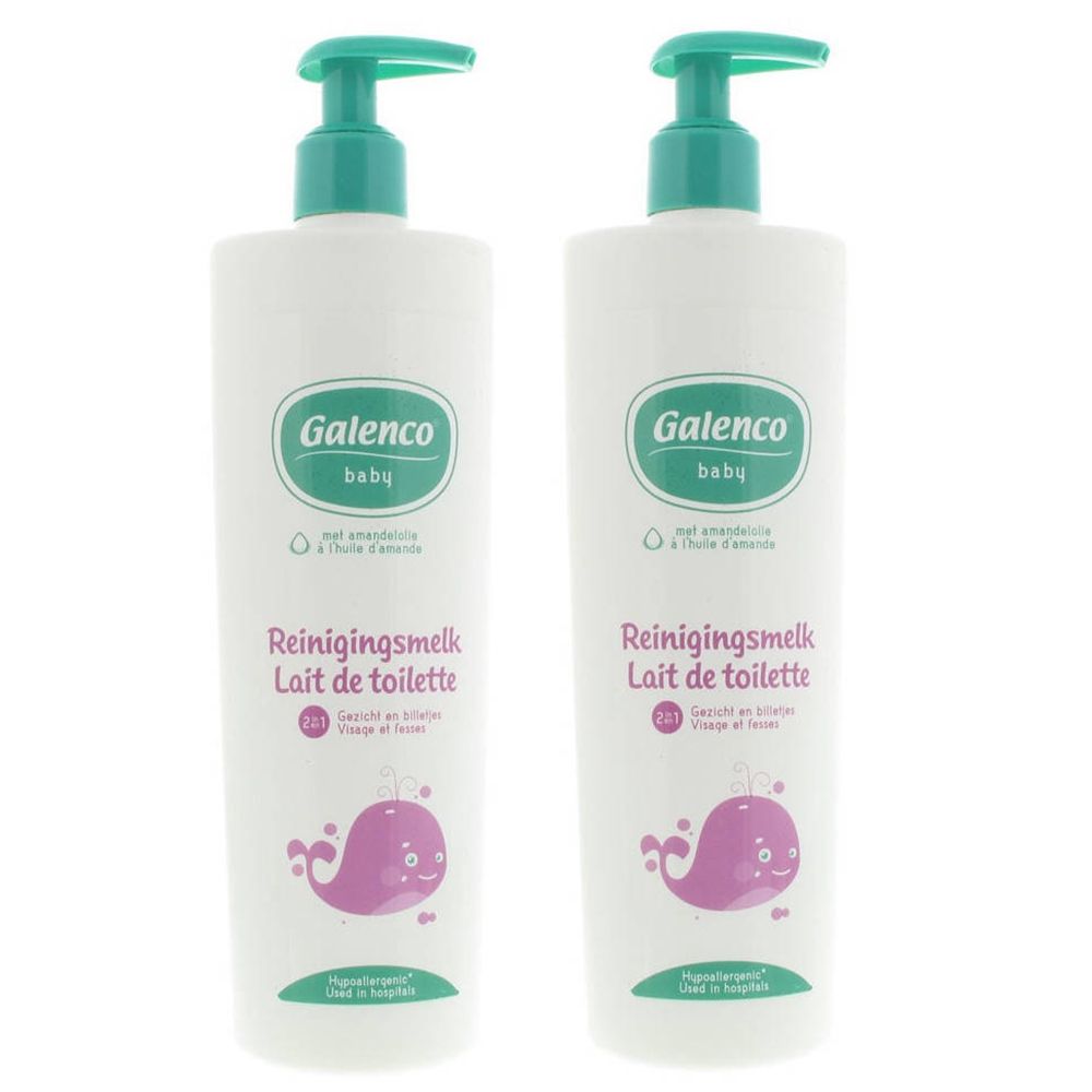 Deux flacons blancs avec pompe verte. Inscription Galenco baby, Lait de toilette 2 en 1. Illustration d'une baleine violette.