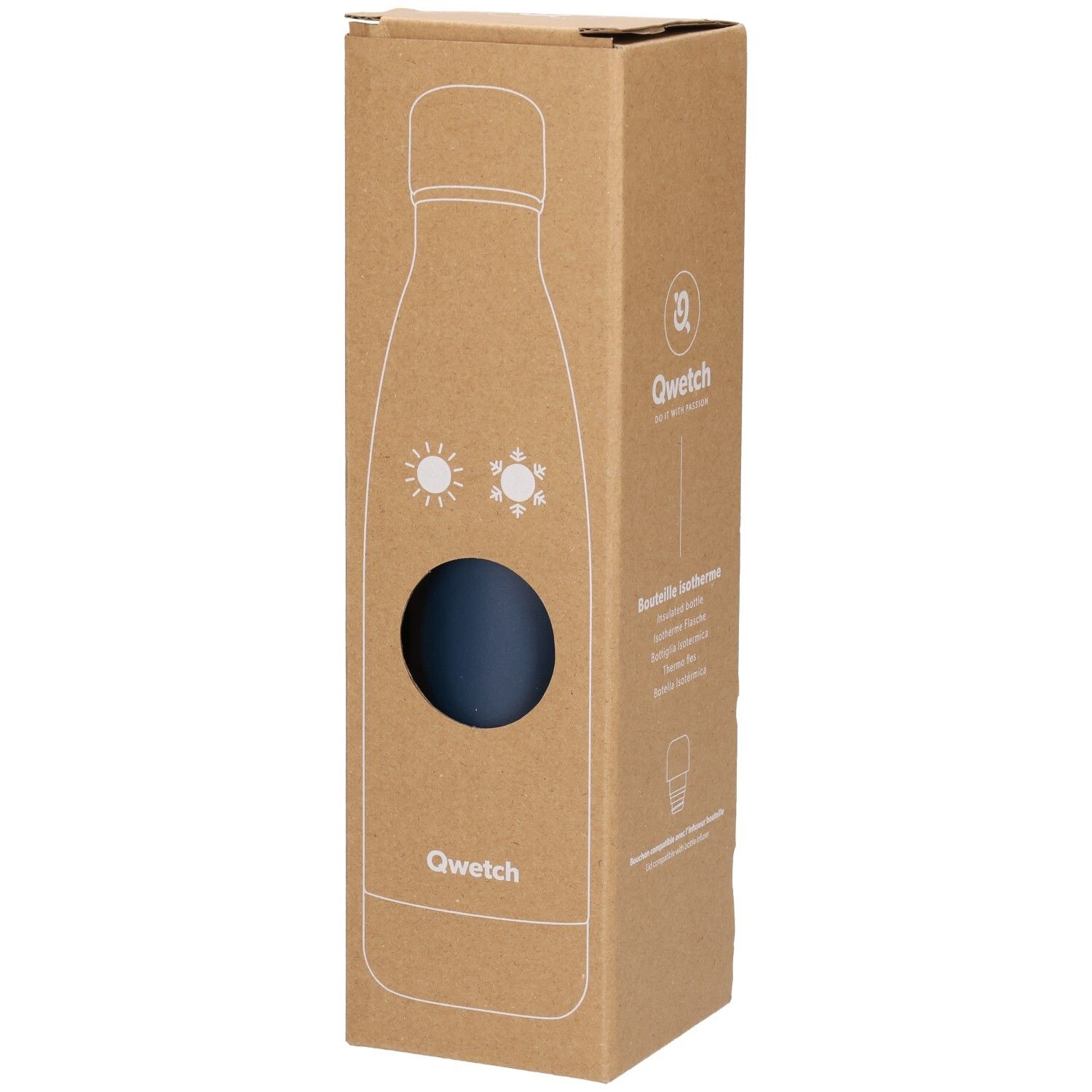 Thermos isotherme dans son emballage en carton. Corps bleu nuit visible par une fenêtre. Logo Qwetch et illustration du produit.