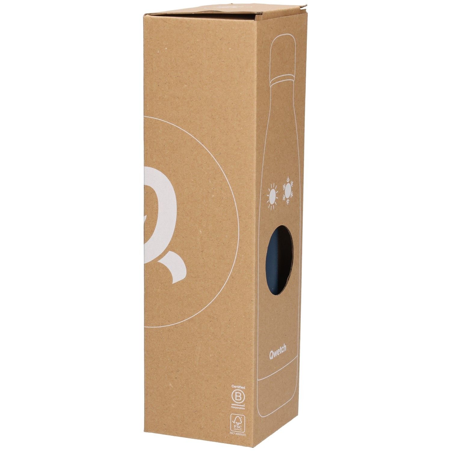 Emballage en carton avec logo Qwetch et illustration du produit. Fenêtre montrant la thermos bleue.
