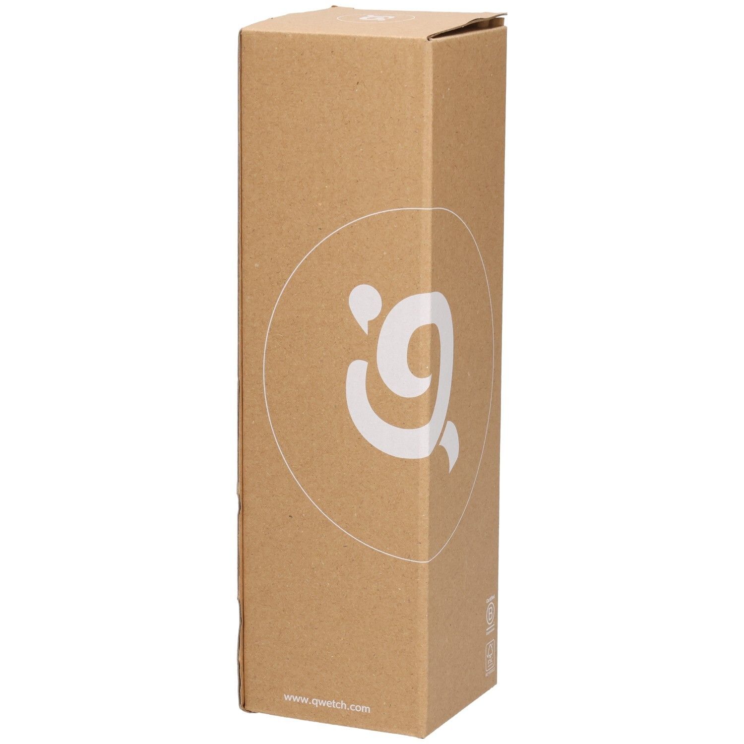 Emballage en carton avec logo Qwetch. Le logo et un cercle sont représentés sur le côté.