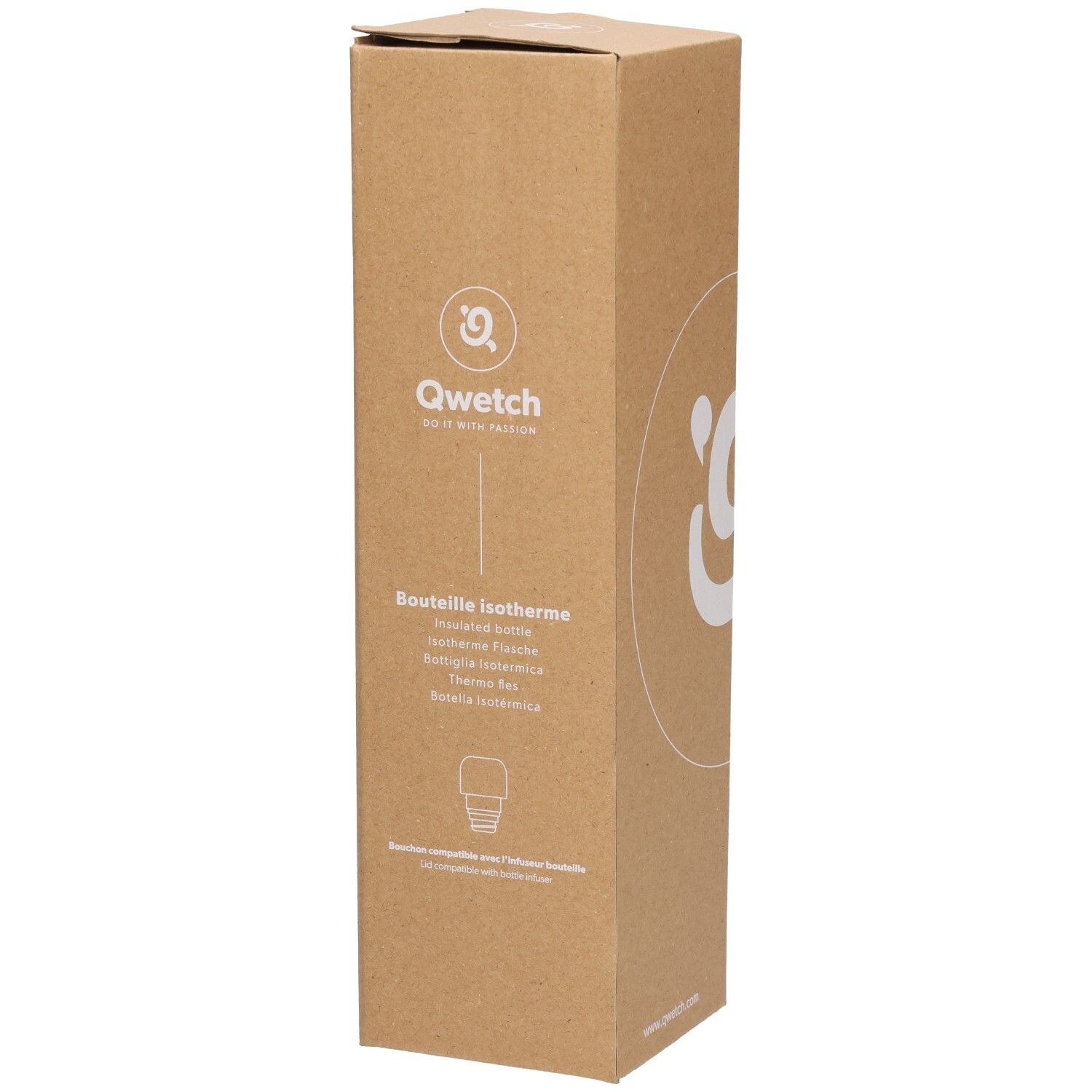 Emballage en carton avec logo Qwetch et informations sur le produit. Texte : 'Bouteille isotherme'.
