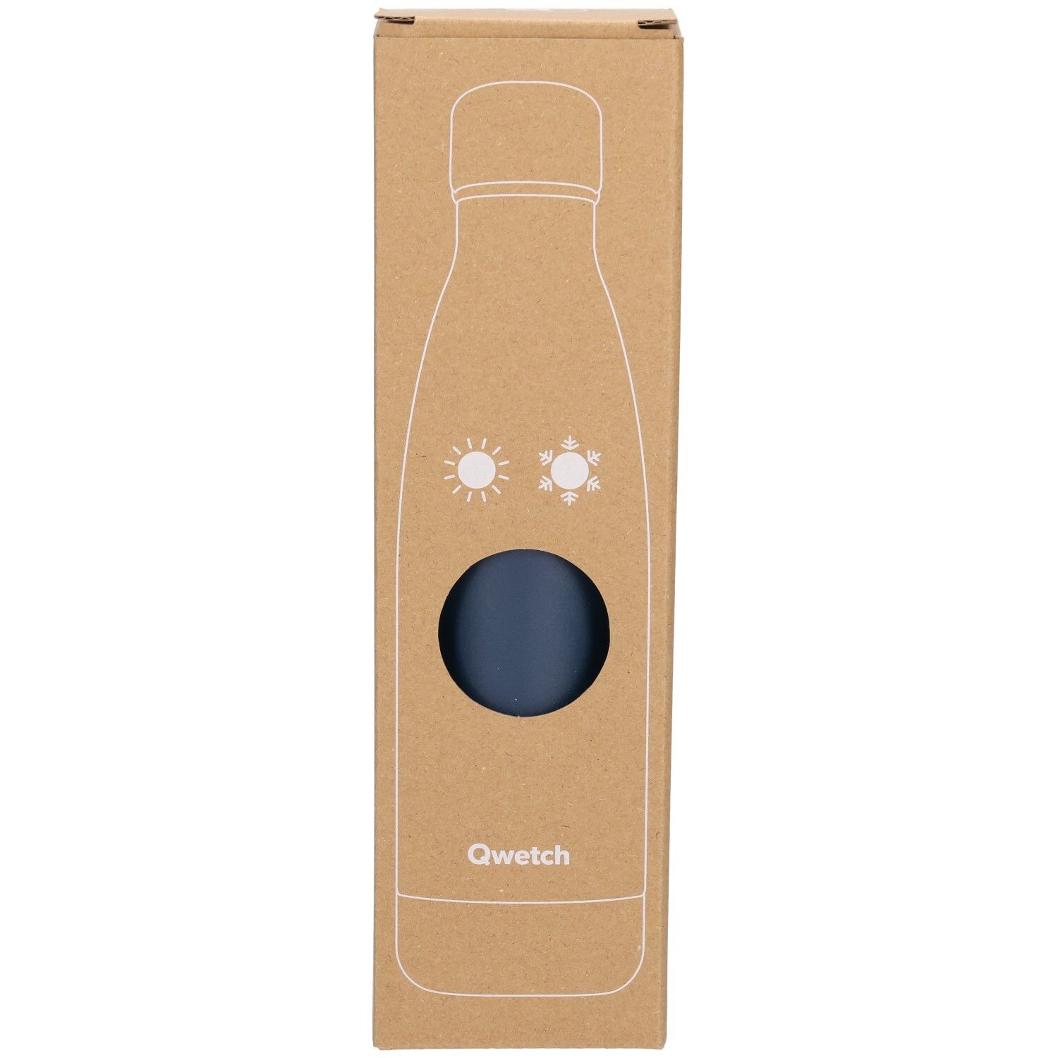 Emballage en carton avec fenêtre. Thermos bleu nuit visible. Logo Qwetch.