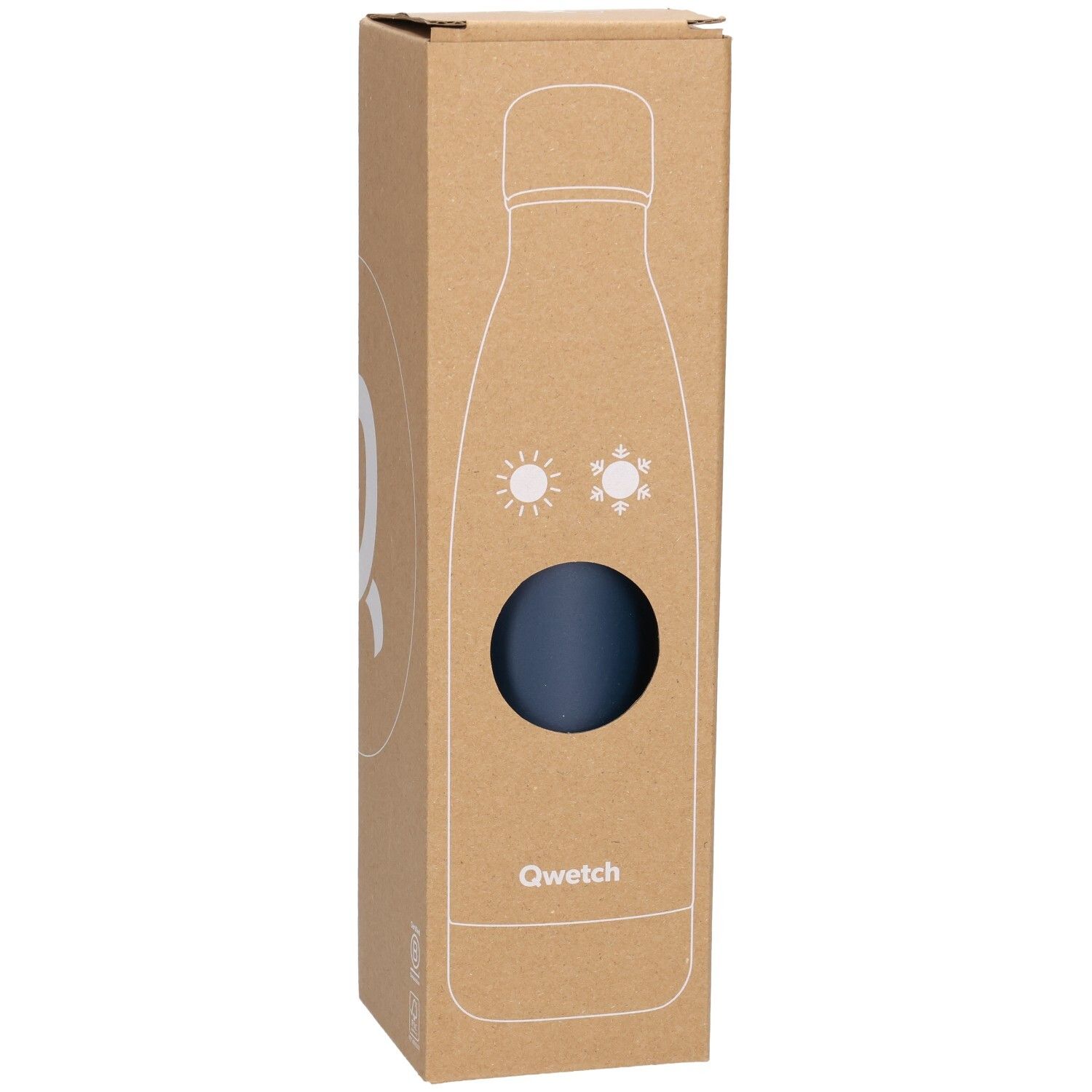 Emballage en carton avec fenêtre. Thermos bleu nuit visible. Logo Qwetch.