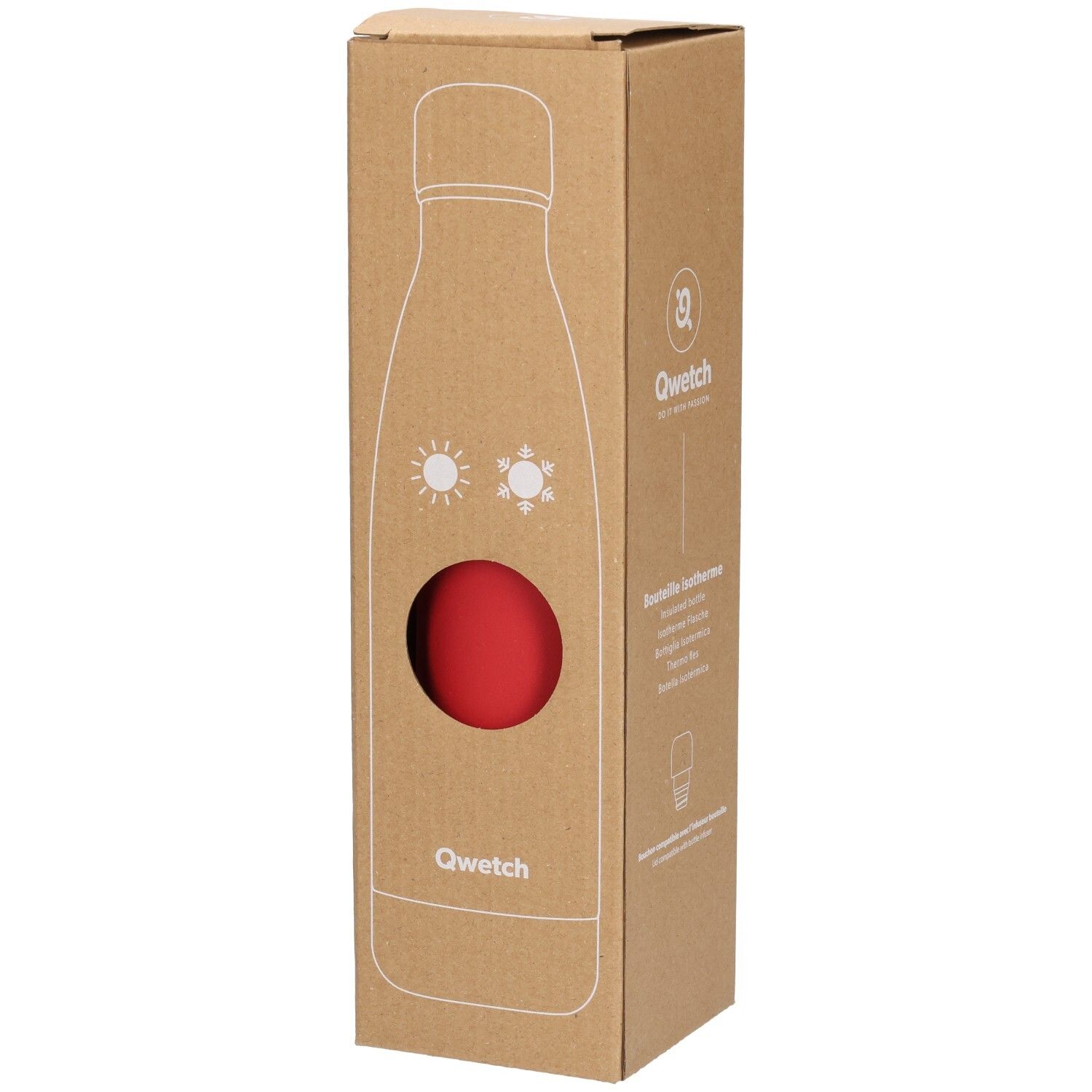 Emballage en carton avec bouteille rouge. Fenêtre révélant la bouteille. Marque Qwetch.