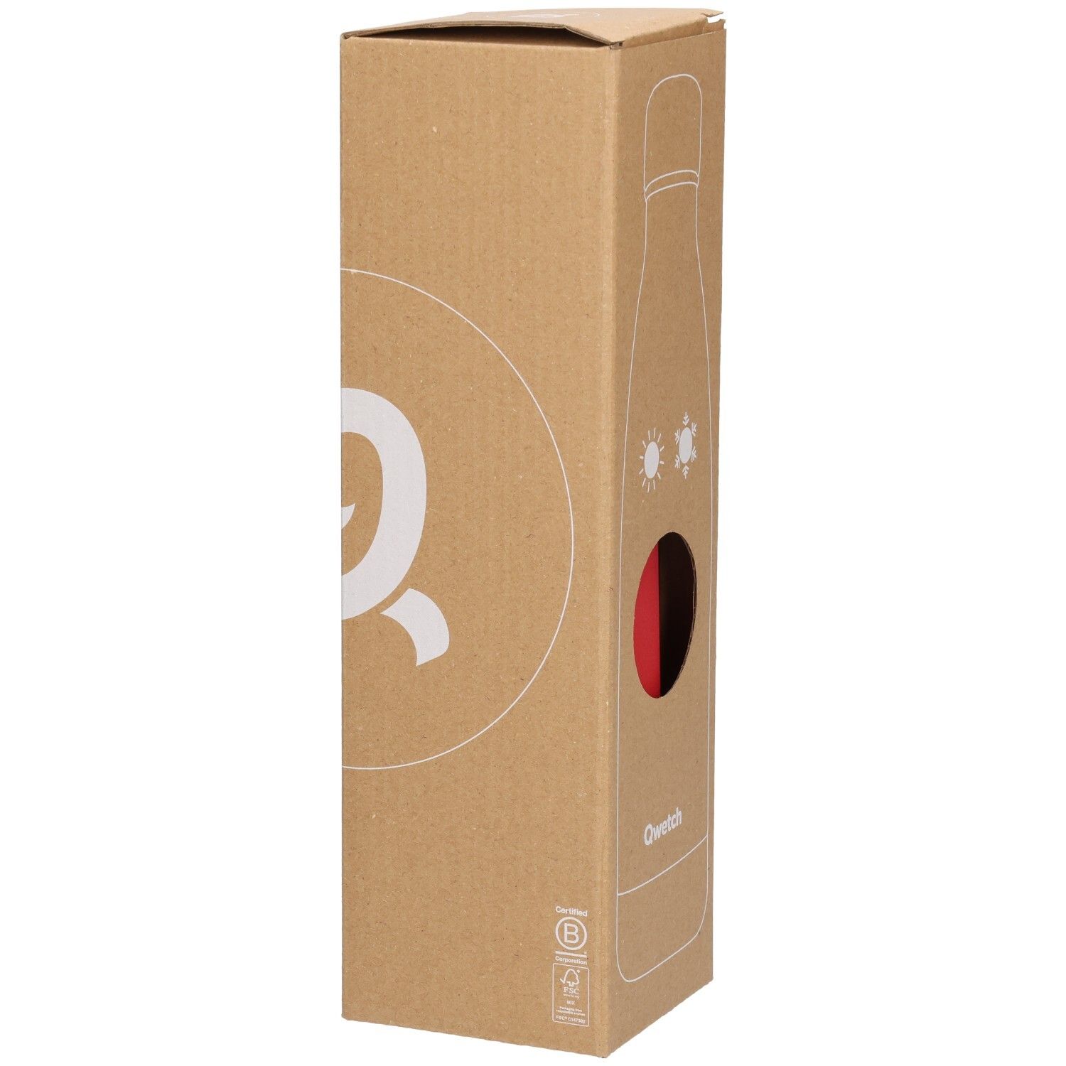 Emballage en carton avec bouteille rouge. Fenêtre révélant la bouteille. Marque Qwetch.