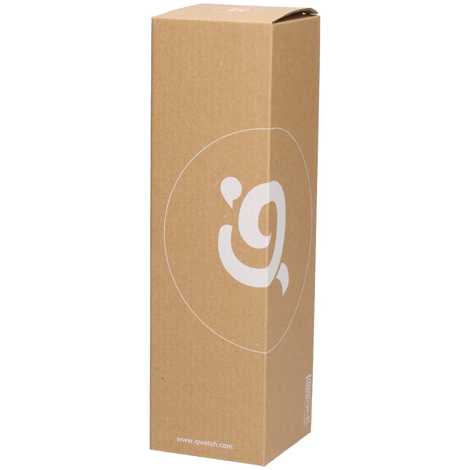 Emballage en carton. Logo Qwetch. Inscriptions sur l'emballage.