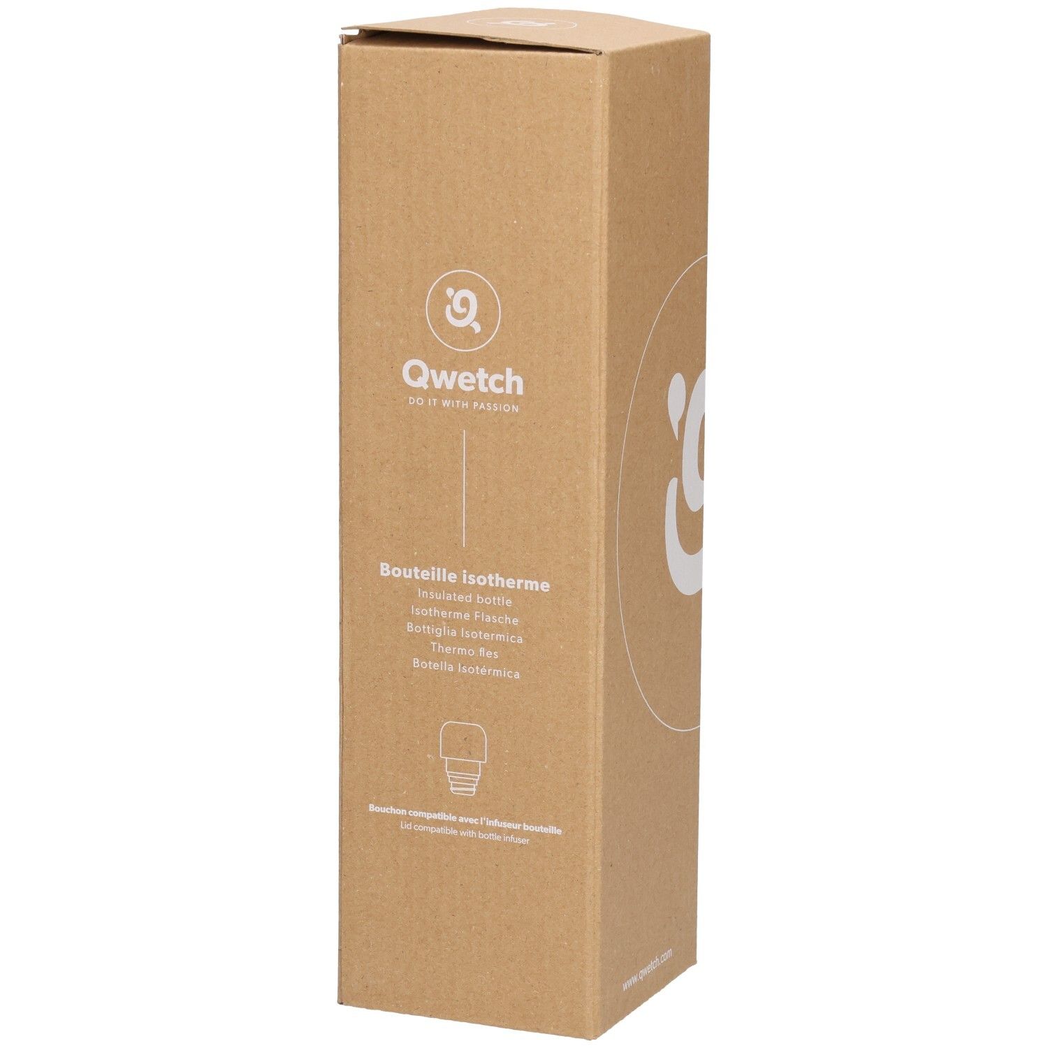 Emballage en carton. Logo Qwetch. Texte: Bouteille Isotherme. Autres informations textuelles.