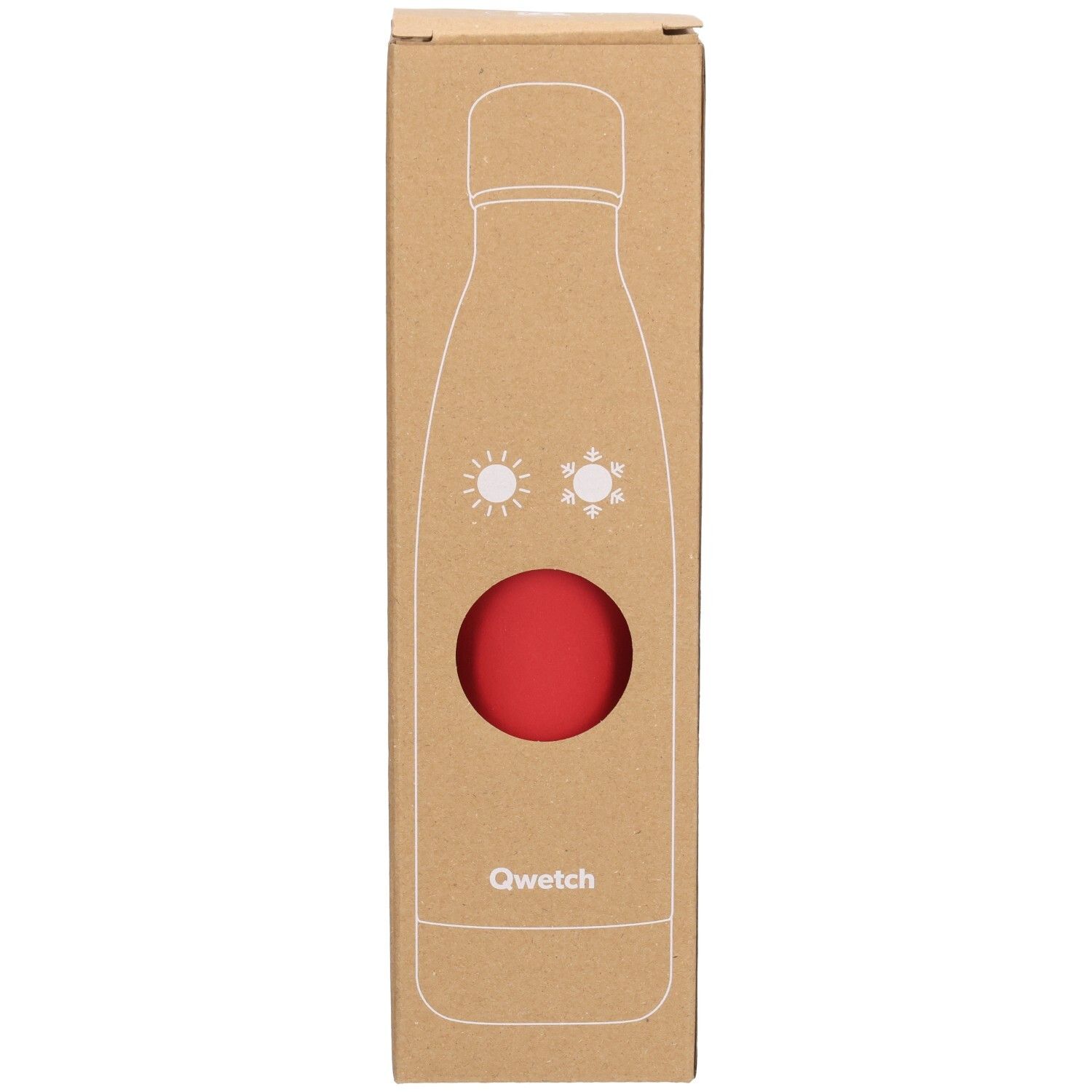Emballage en carton avec bouteille rouge. Fenêtre révélant la bouteille. Marque Qwetch.