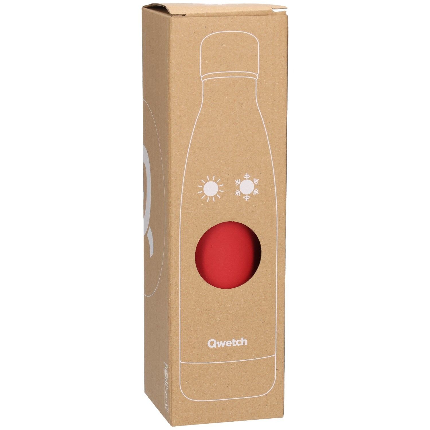 Emballage en carton avec bouteille rouge. Fenêtre révélant la bouteille. Marque Qwetch.