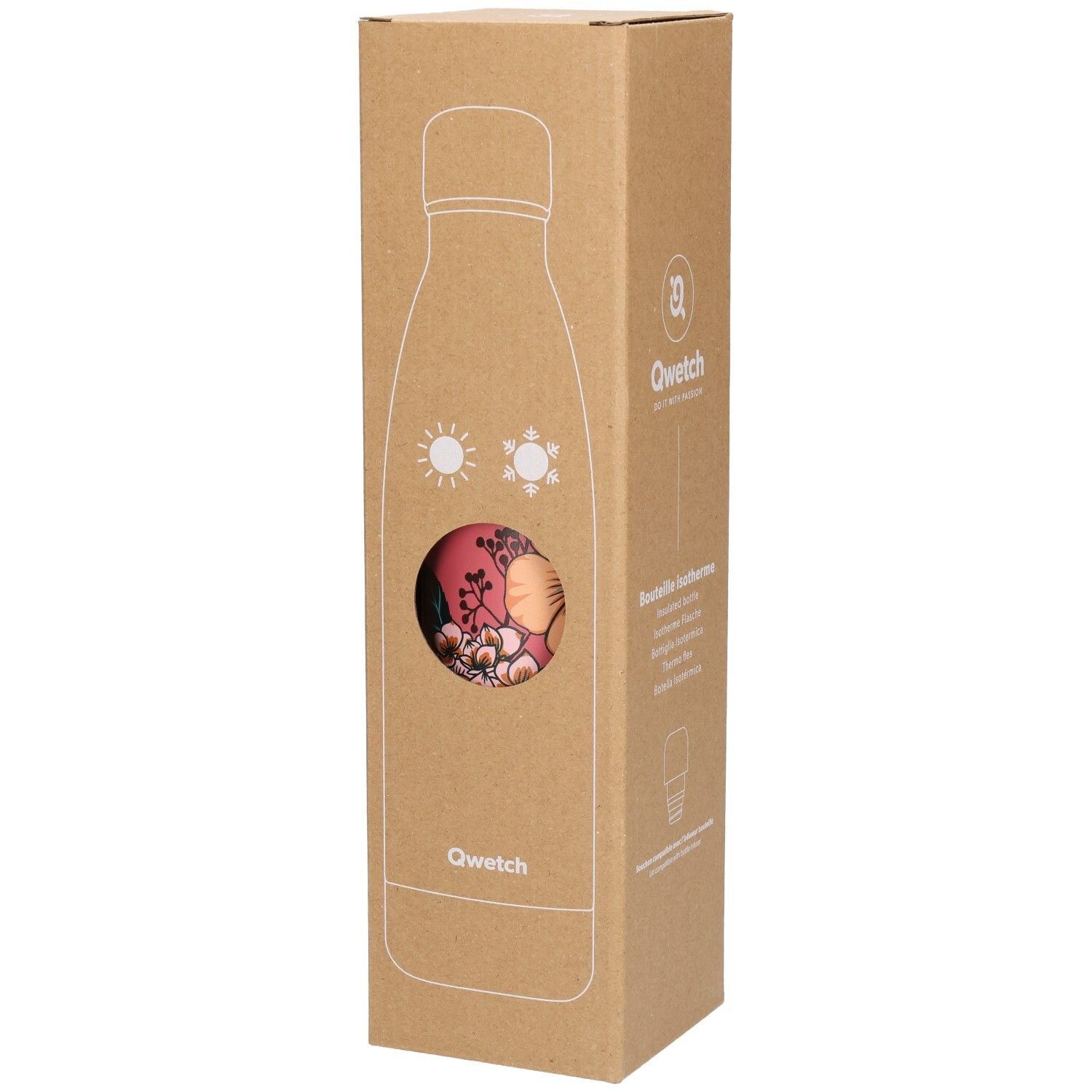 Emballage en carton avec contour d'une bouteille isotherme. Fenêtre révélant une bouteille à motifs floraux. Logo Qwetch en bas.