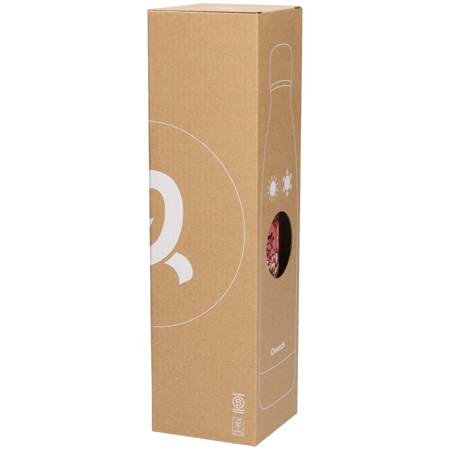 Emballage en carton avec trou, montrant une bouteille à motifs floraux. Logo Qwetch et autres logos sur le côté.