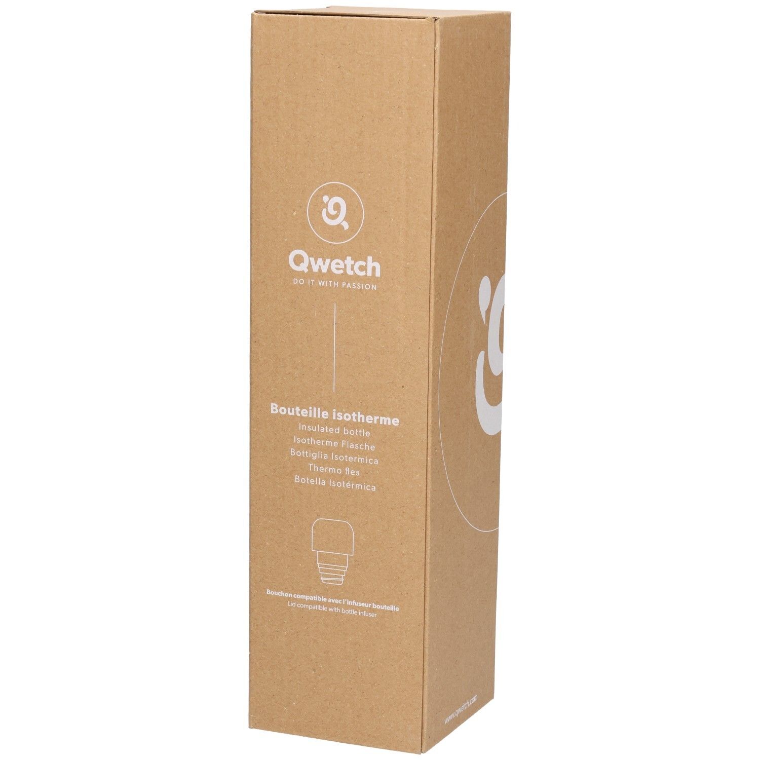Emballage en carton avec logo Qwetch et nom du produit. Texte multilingue. Représentation d'une bouteille.