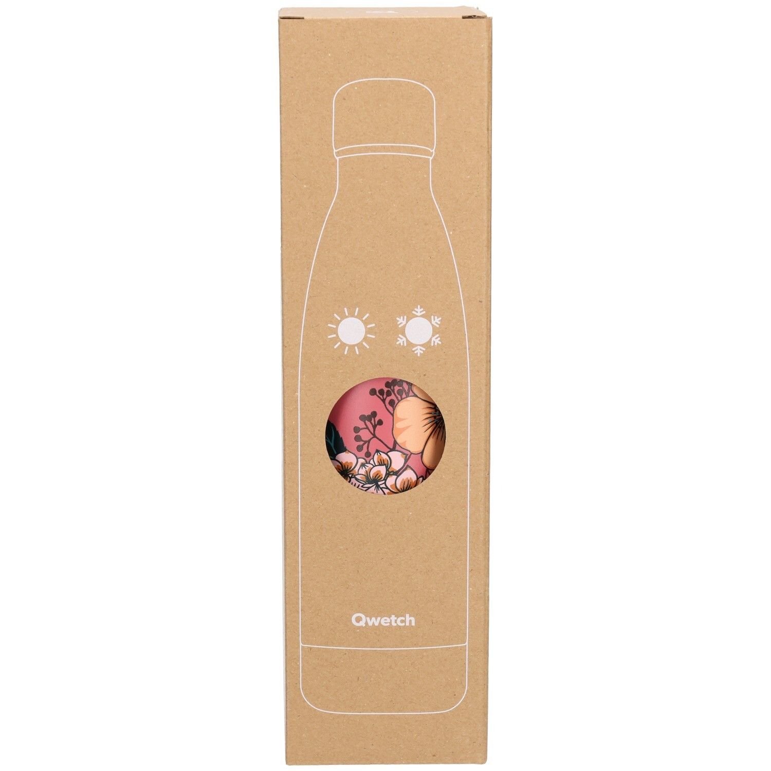Emballage en carton avec contour d'une bouteille isotherme. Fenêtre révélant une bouteille à motifs floraux. Logo Qwetch en bas.