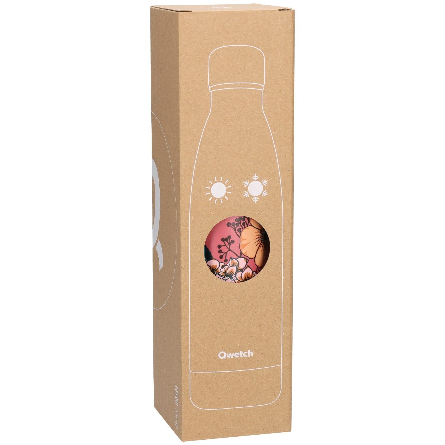 Emballage en carton avec contour d'une bouteille isotherme. Fenêtre révélant une bouteille à motifs floraux. Logo Qwetch en bas.