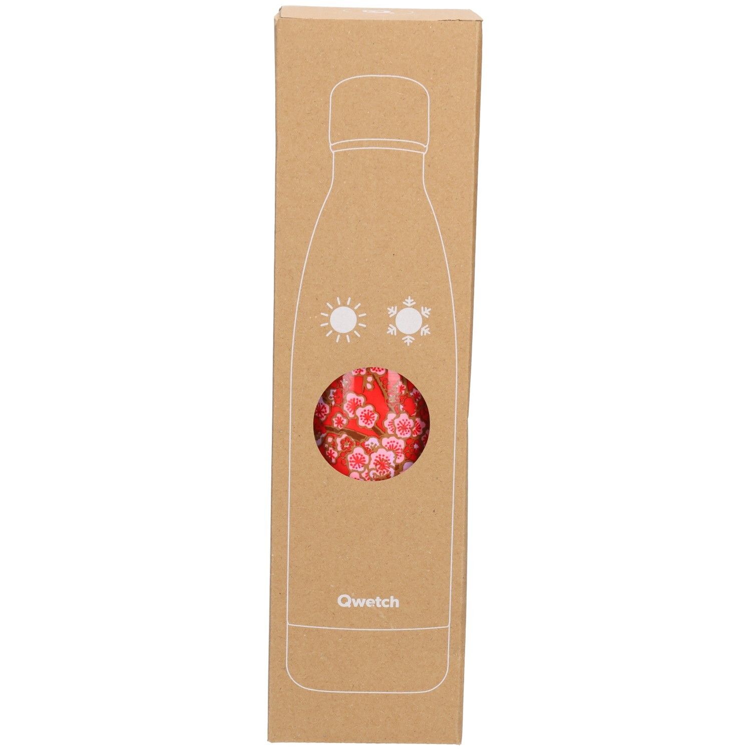 Emballage carton avec thermos. Fenêtre révélant motif floral rouge. Logo Qwetch et contour de la bouteille.