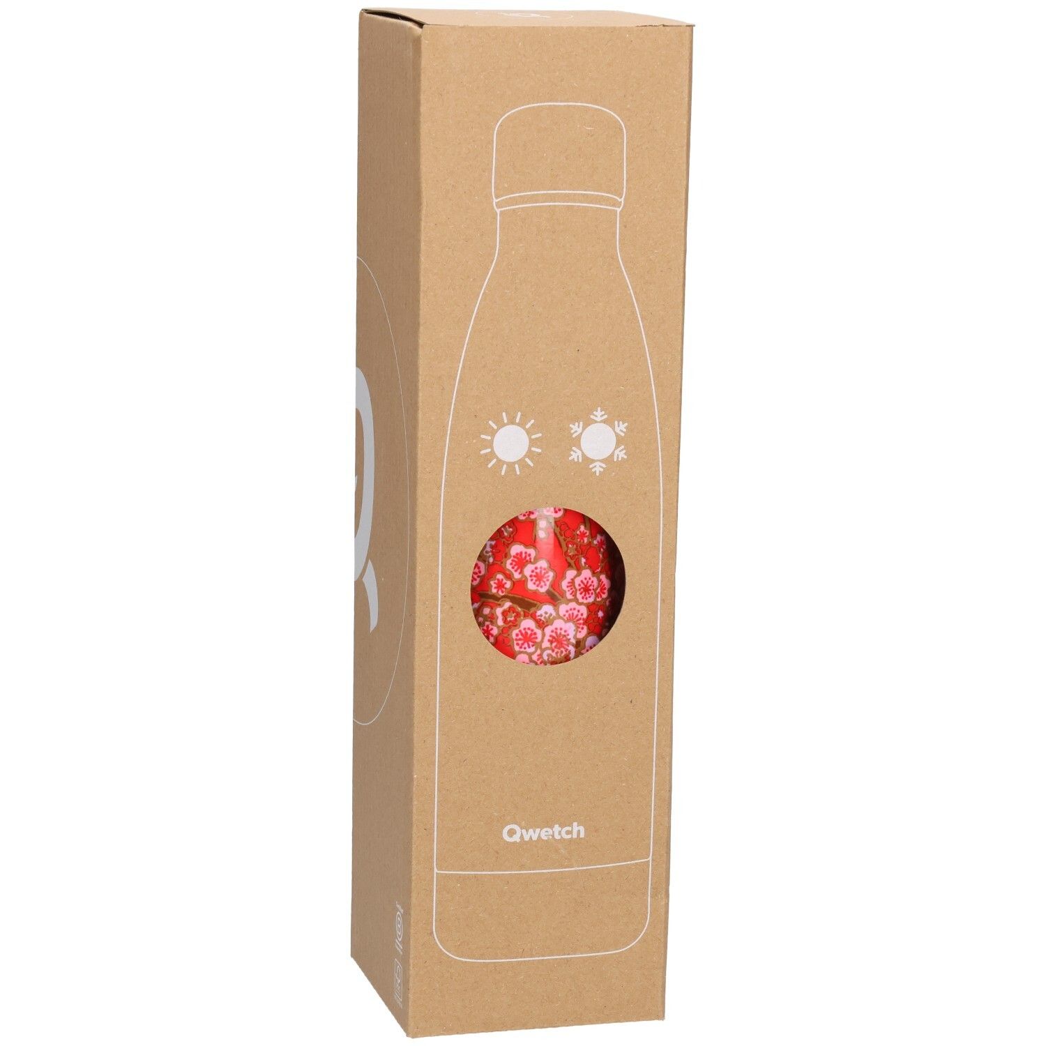 Emballage carton avec thermos. Fenêtre révélant motif floral rouge. Logo Qwetch et contour de la bouteille.