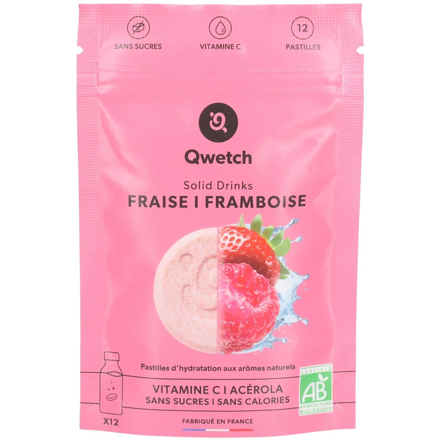 Sachet rose Qwetch Solid Drinks. Fraise et framboise illustrées. 12 pastilles. Sans sucre, vitamine C. Label AB.