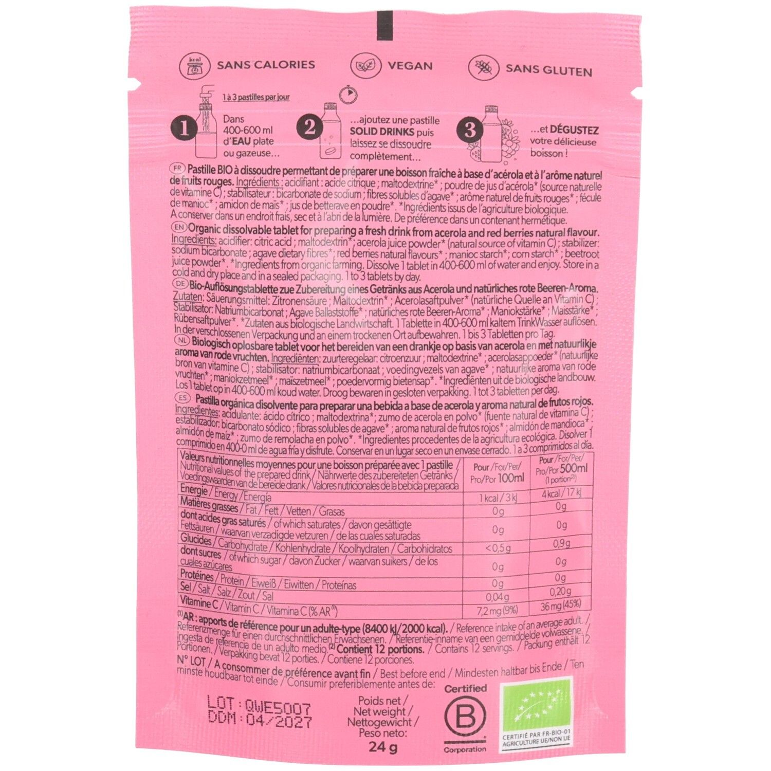 Dos du sachet rose Qwetch. Texte multilingue. Vegan, sans gluten, sans calories. Label AB. Instructions.