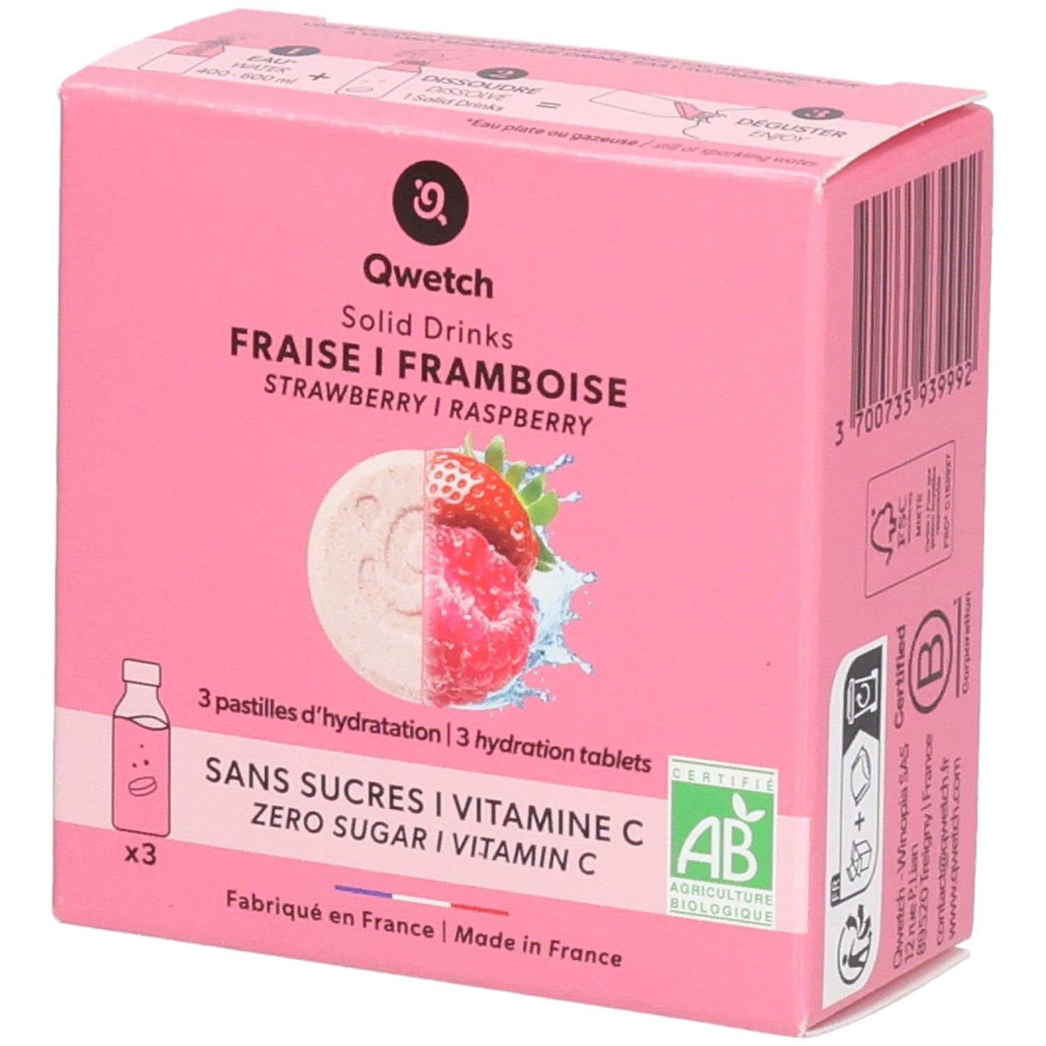 Boîte rose Qwetch Solid Drinks. Fraise/Framboise. 3 comprimés d'hydratation. Sans sucre, vitamine C. Certification AB.