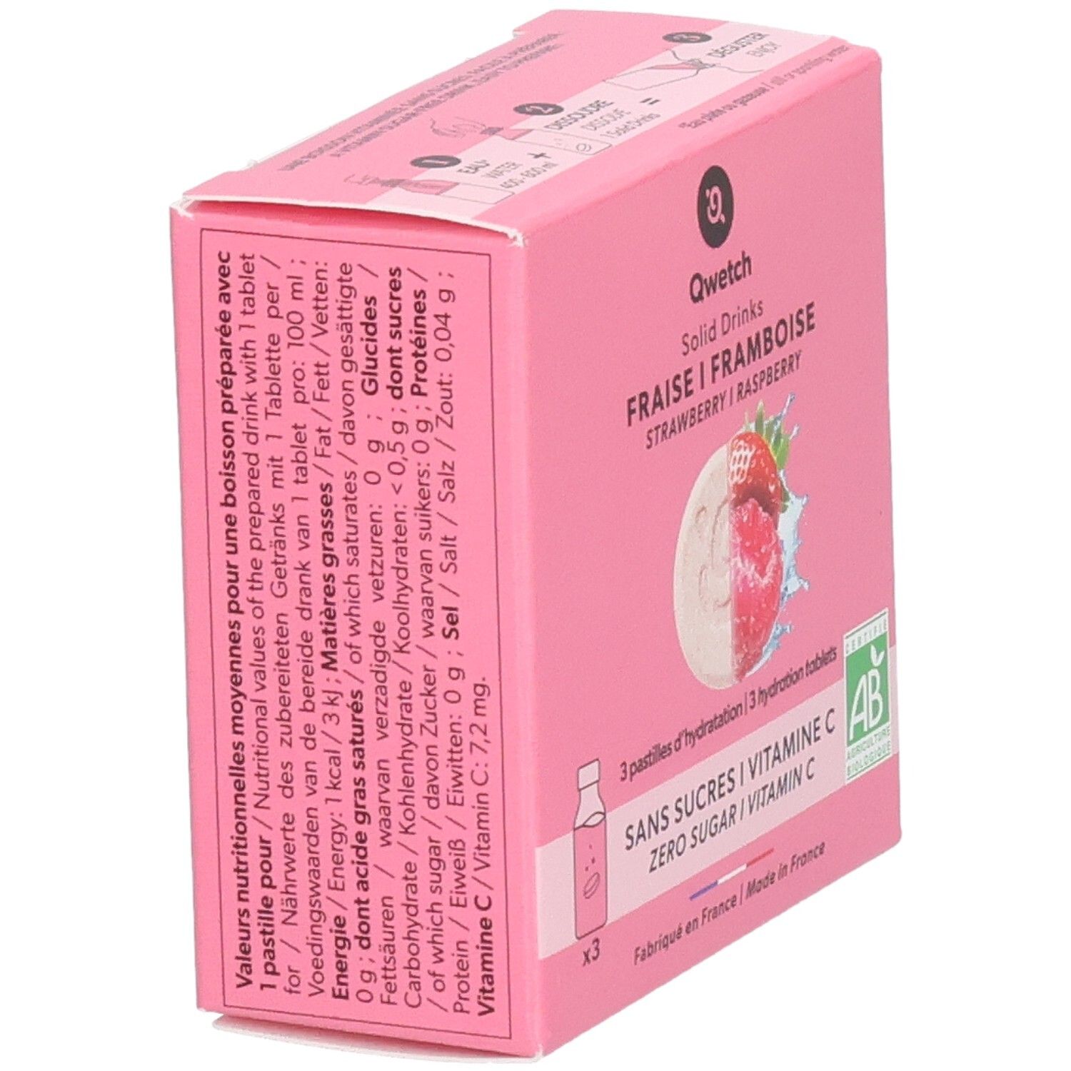 Boîte rose Qwetch Solid Drinks. Texte avec valeurs nutritionnelles. Fraise/Framboise. Sans sucre, vitamine C.