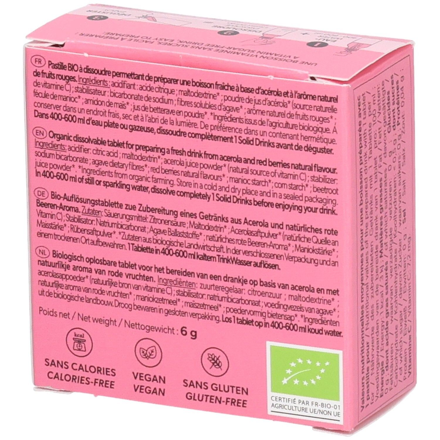 Dos de la boîte rose Qwetch Solid Drinks. Texte sur ingrédients et utilisation. Vegan, sans gluten.