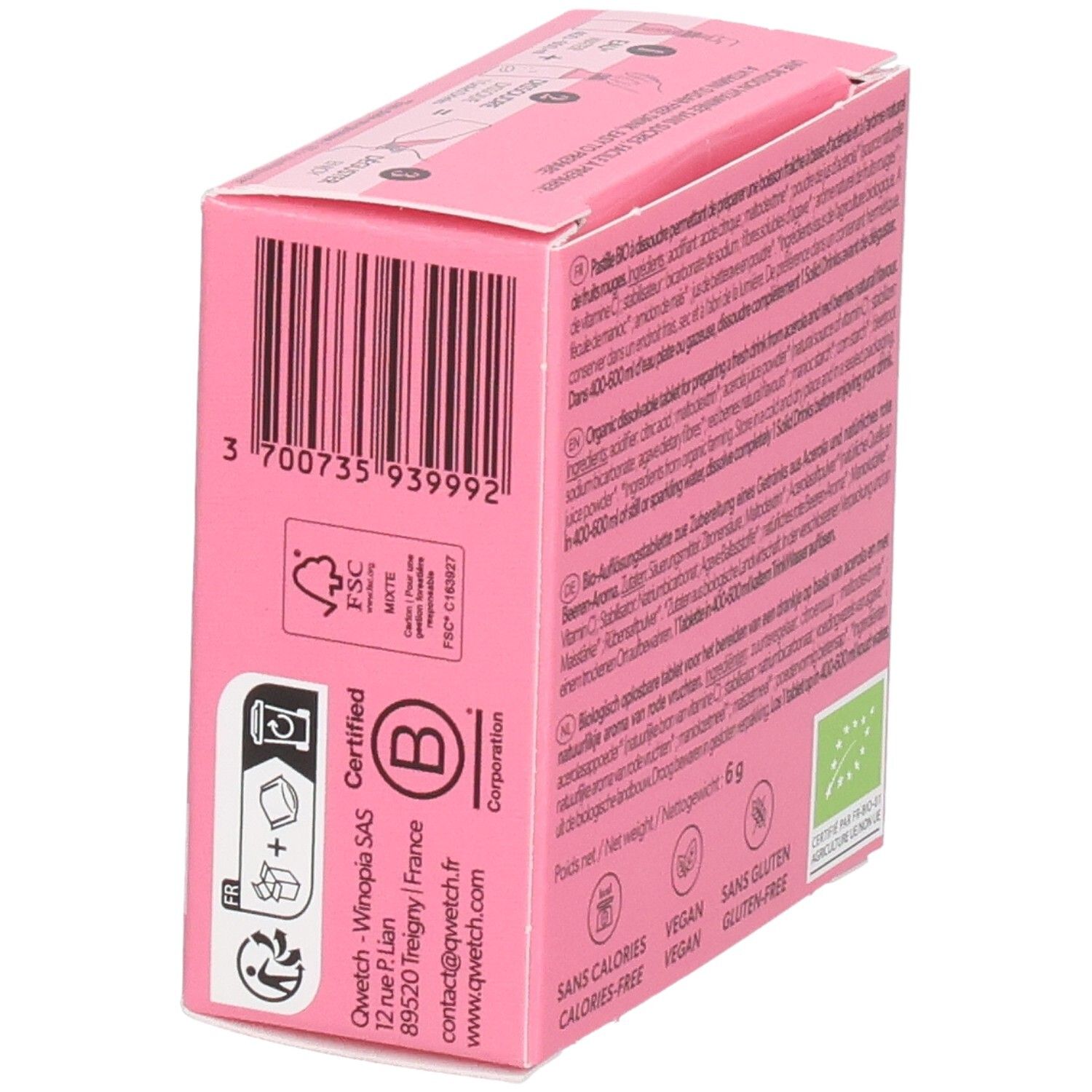 Boîte rose Qwetch Solid Drinks. Code-barres, certification FSC, logo B Corp, certification AB. Vegan, sans gluten.