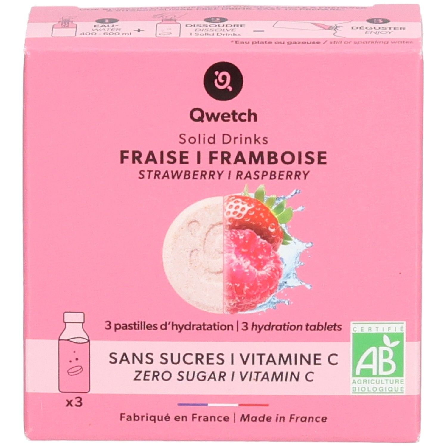 Boîte rose Qwetch Solid Drinks. Fraise/Framboise. 3 comprimés. Sans sucre, vitamine C. Certification AB.