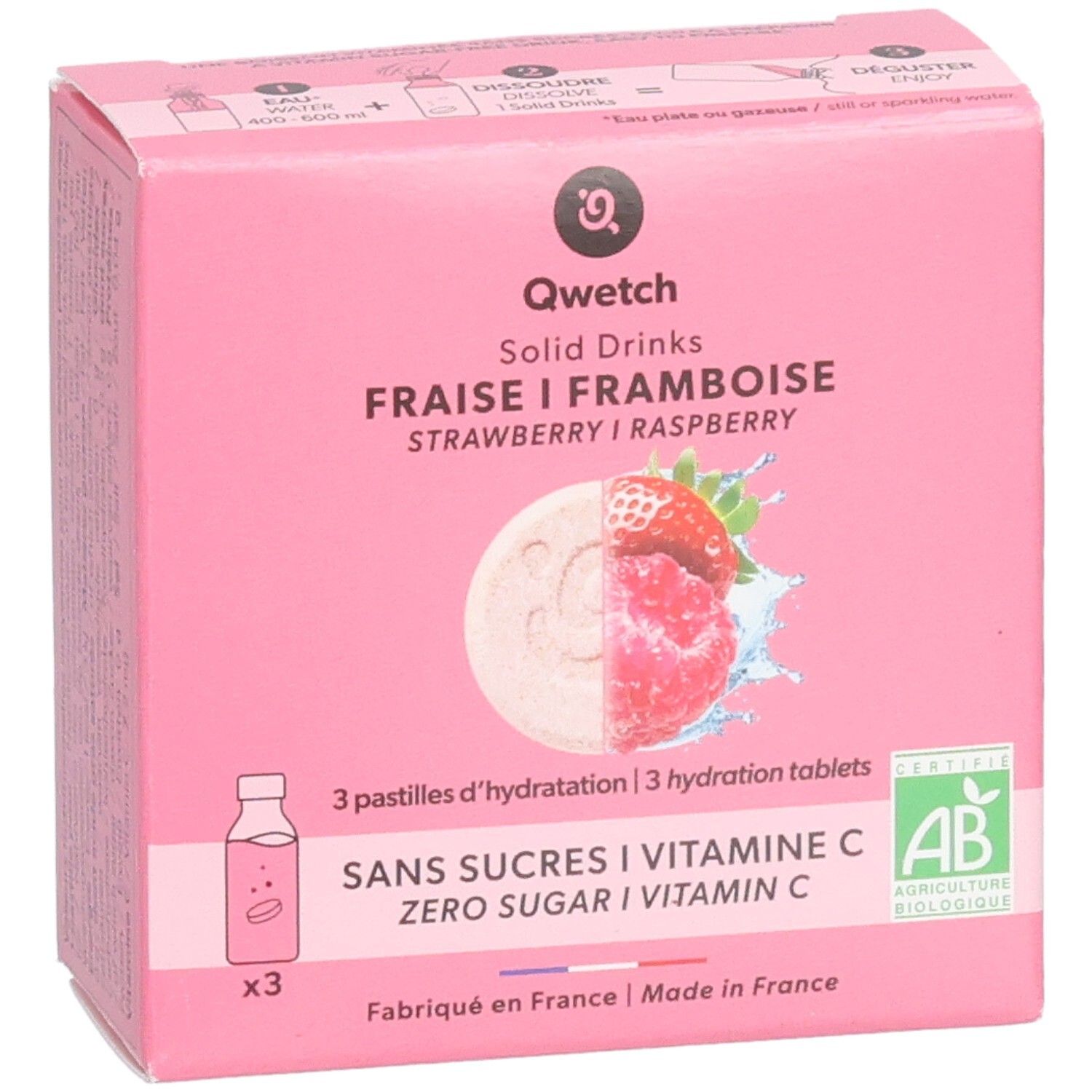 Boîte rose Qwetch Solid Drinks. Fraise/Framboise. 3 comprimés. Sans sucre, vitamine C. Certification AB.