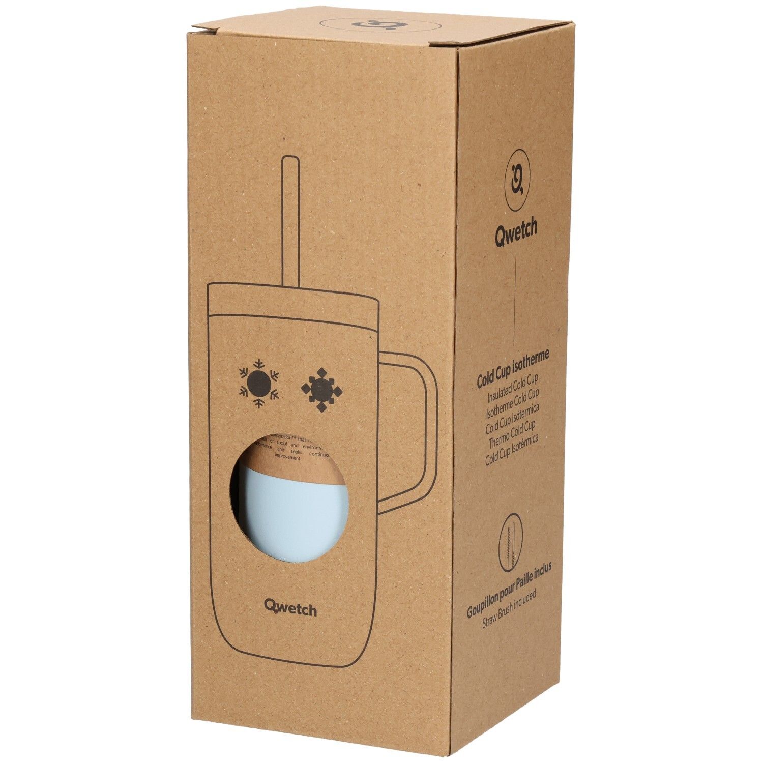 Emballage en carton avec dessin d'un gobelet isotherme bleu avec anse et paille. Logo Qwetch et nom du produit.