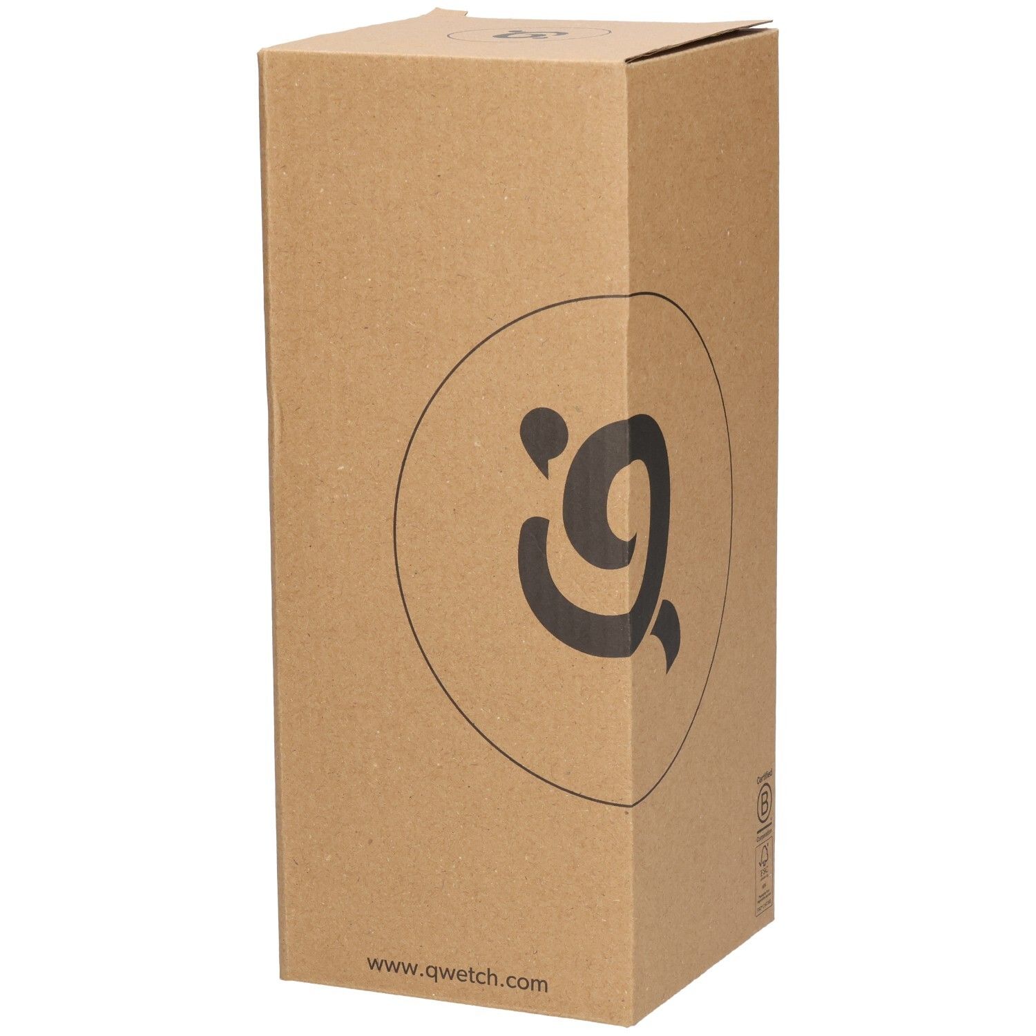 Emballage en carton avec logo Qwetch. Site web sur l'emballage. Vue sur le coin de l'emballage.