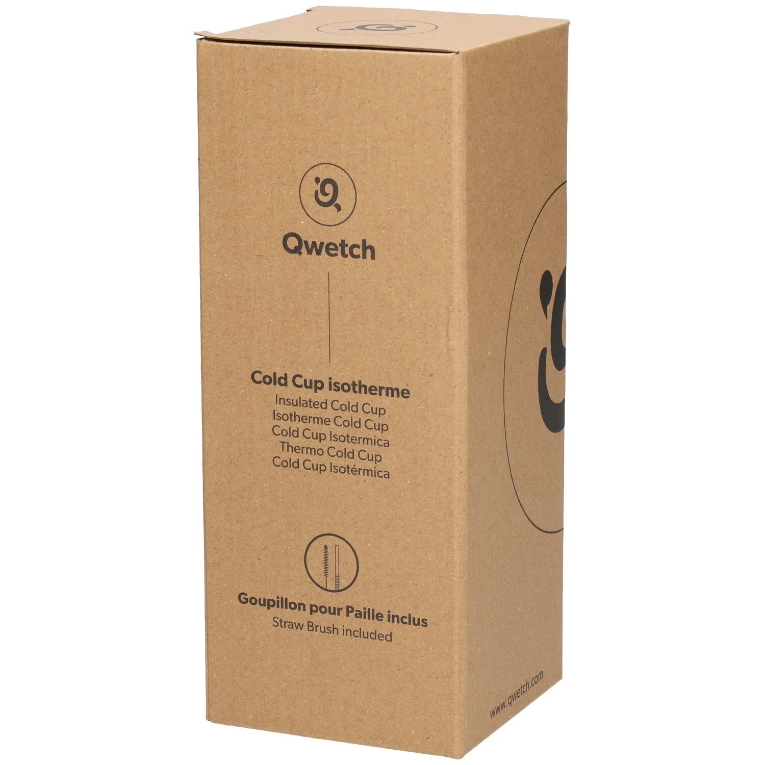 Emballage en carton avec logo Qwetch et nom du produit. Brosse à paille incluse.