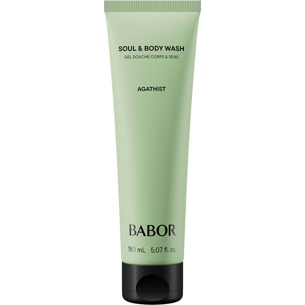 Tube vert clair avec bouchon noir. Inscription : SOUL & BODY WASH, AGATHIST, BABOR. Indication de volume.