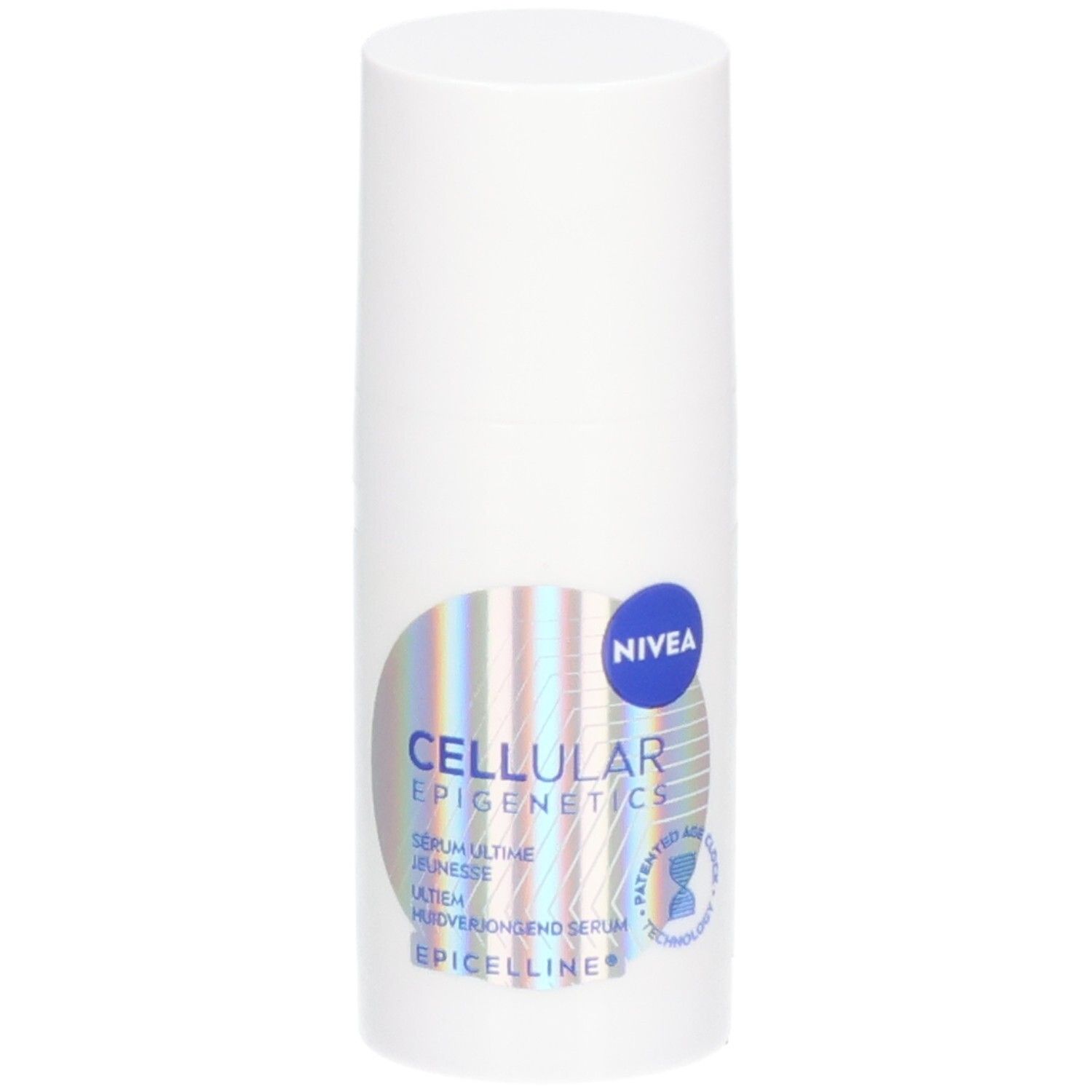 Flacon blanc NIVEA Cellular Epigenetics Serum. Étiquette avec nom et logo du produit. Accents bleus et argentés.