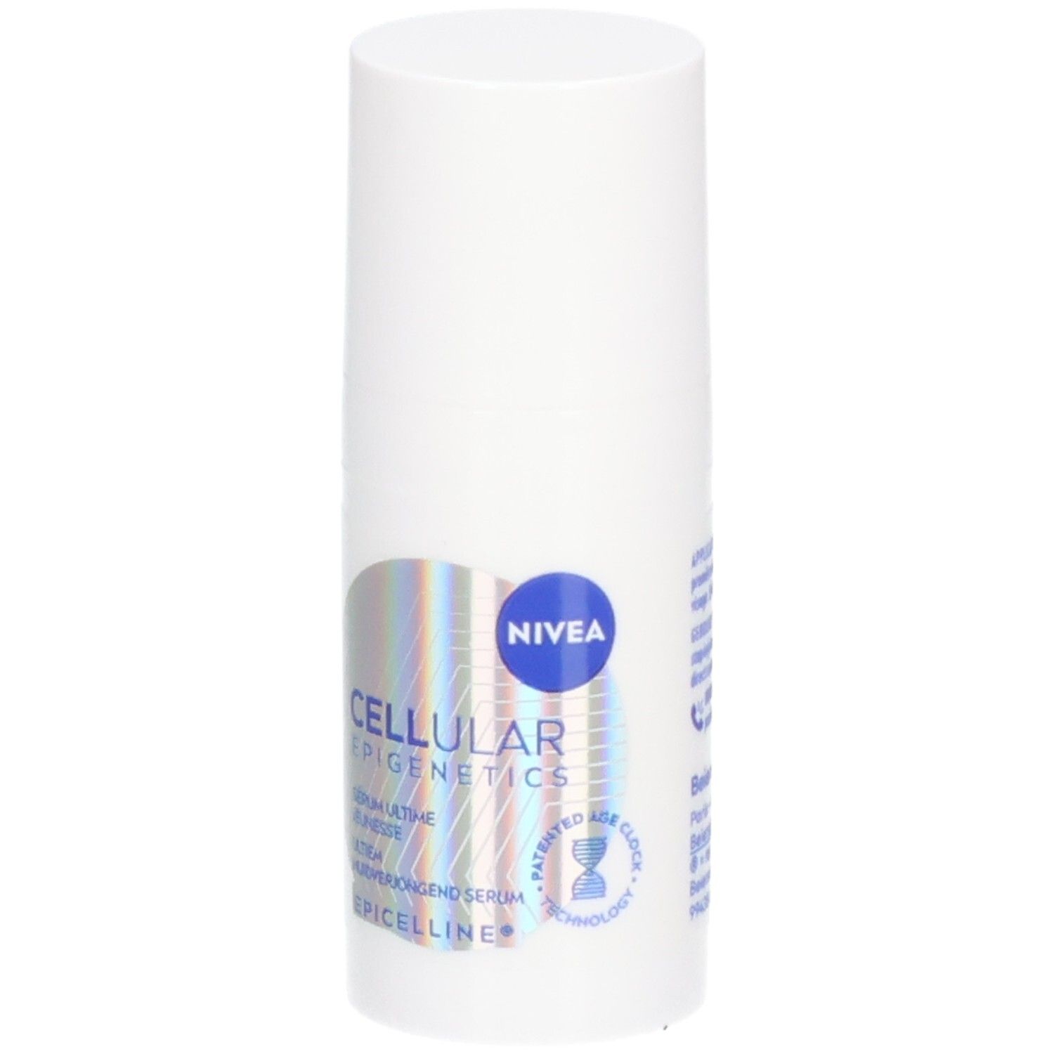 Flacon blanc NIVEA Cellular Epigenetics Serum. Étiquette avec nom et logo du produit. Accents bleus et argentés.