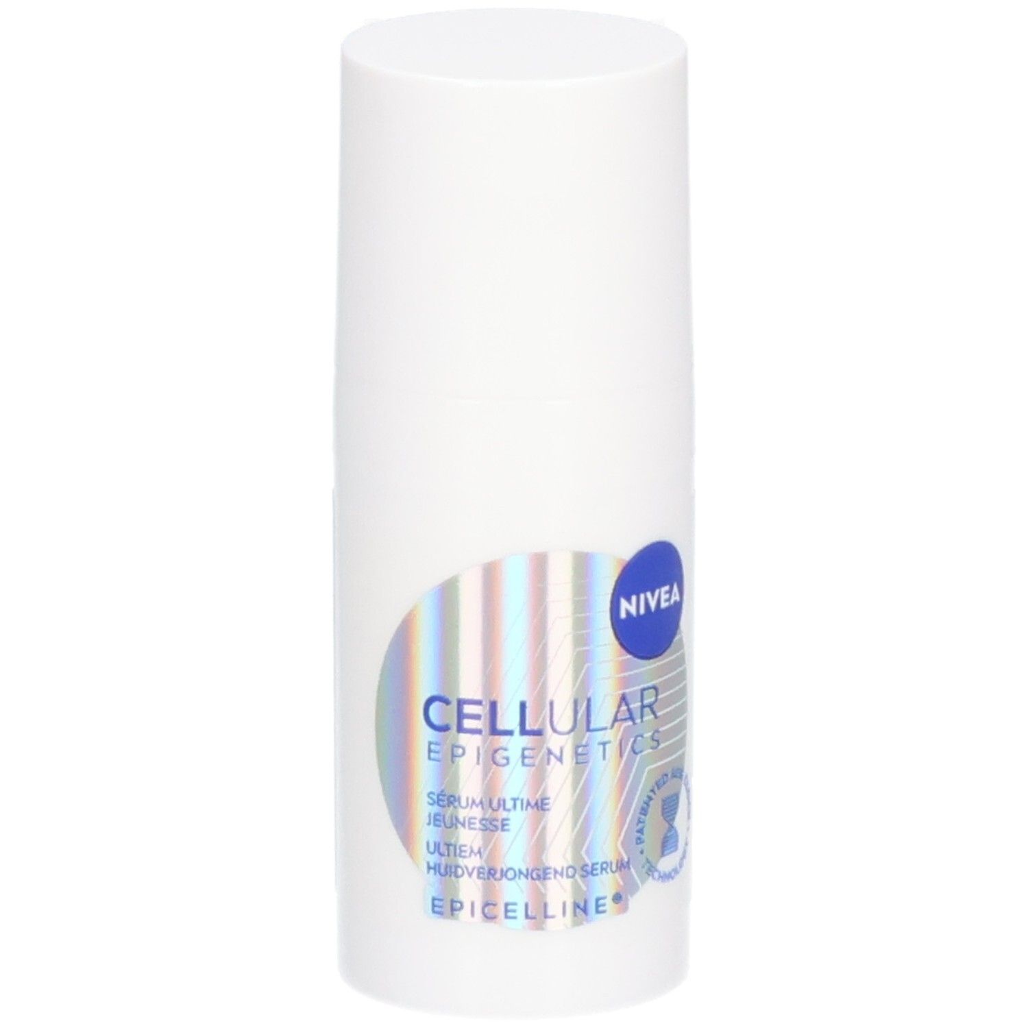 Flacon blanc NIVEA Cellular Epigenetics Serum. Étiquette avec nom et logo du produit. Accents bleus et argentés.