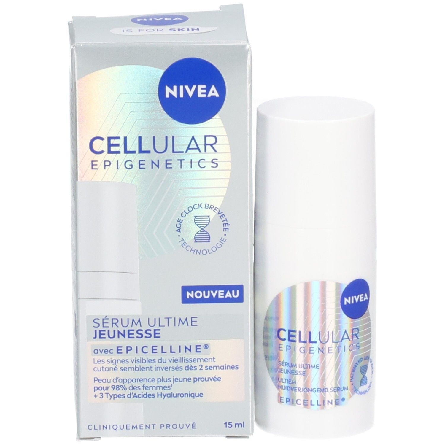 NIVEA Cellular Epigenetics Serum Ultime Jeunesse, flacon et emballage. Emballage avec nom, logo et informations.