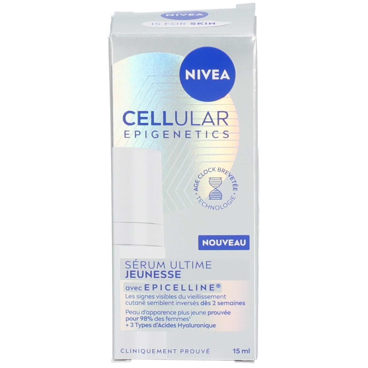Emballage de NIVEA Cellular Epigenetics Serum Ultime Jeunesse. Nom du produit, logo et informations sur l'emballage.
