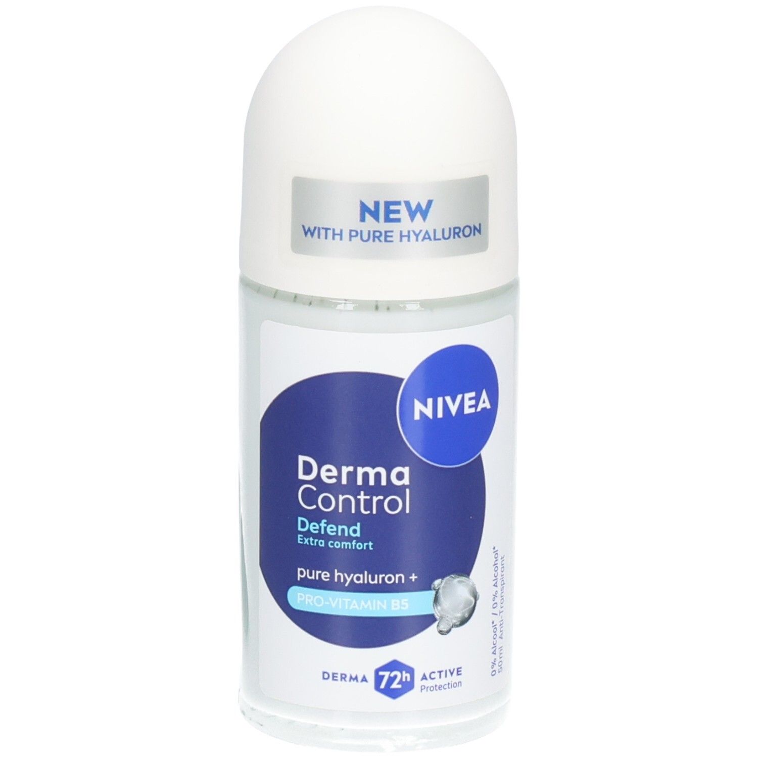 Déodorant roll-on blanc et bleu. Inscriptions : NIVEA Derma Control Defend, avec hyaluron et pro-vitamine B5. Étiquette "NEW".