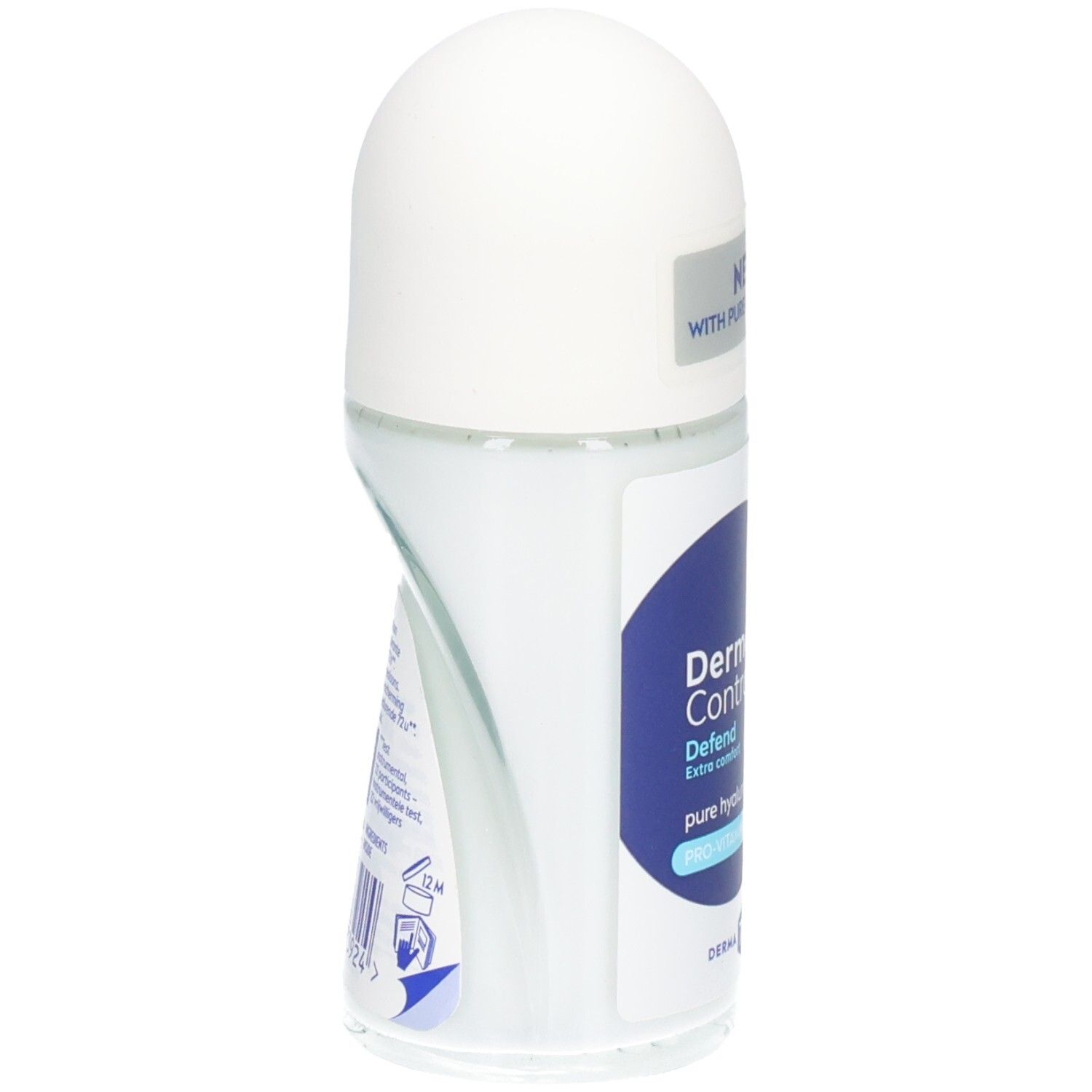 Vue latérale du déodorant roll-on. Bouchon blanc, flacon transparent avec étiquette bleu et blanc. Inscription : NIVEA Derma Control Defend.