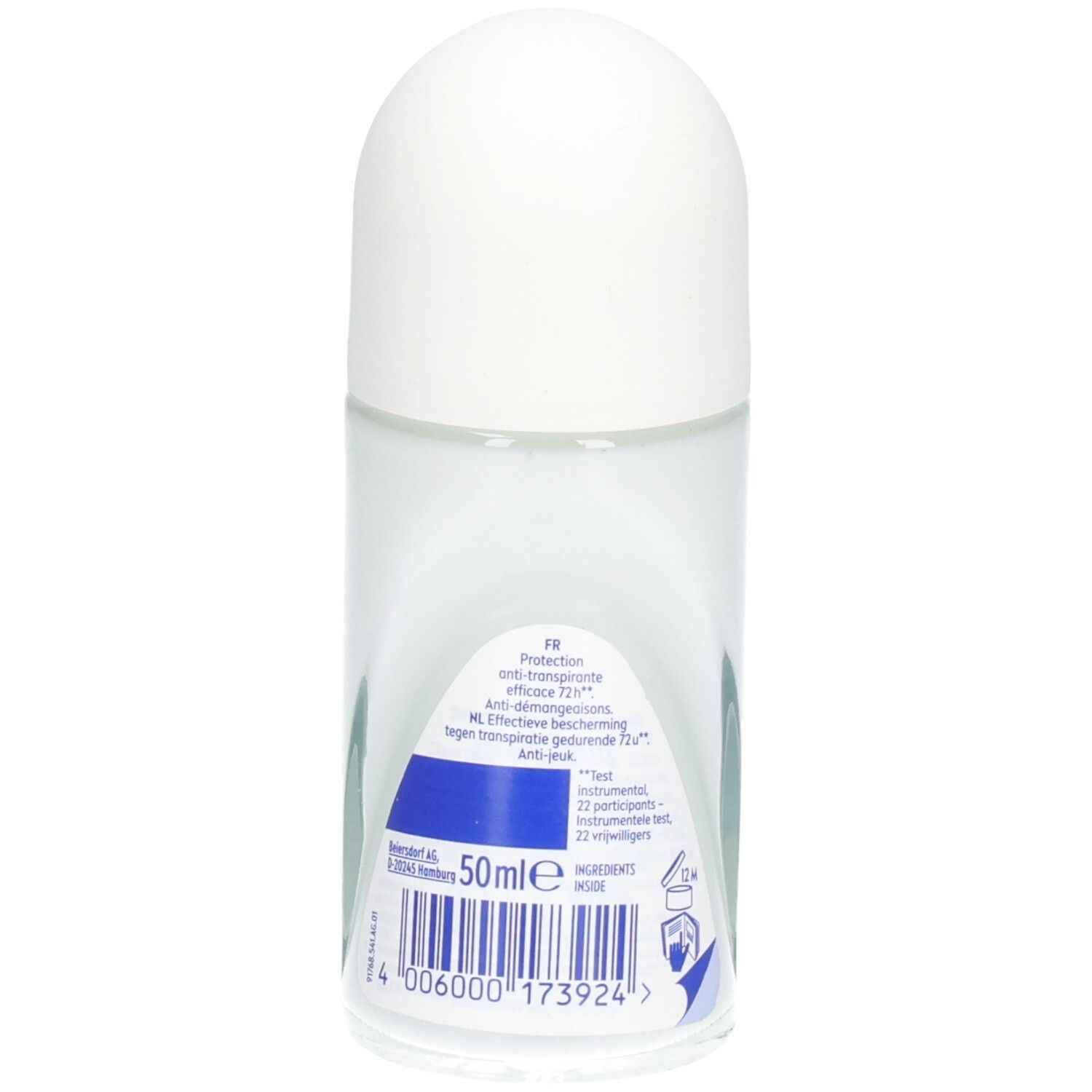 Dos du déodorant roll-on. Flacon transparent avec texte et code-barres. Inscriptions : 50ml, ingrédients.