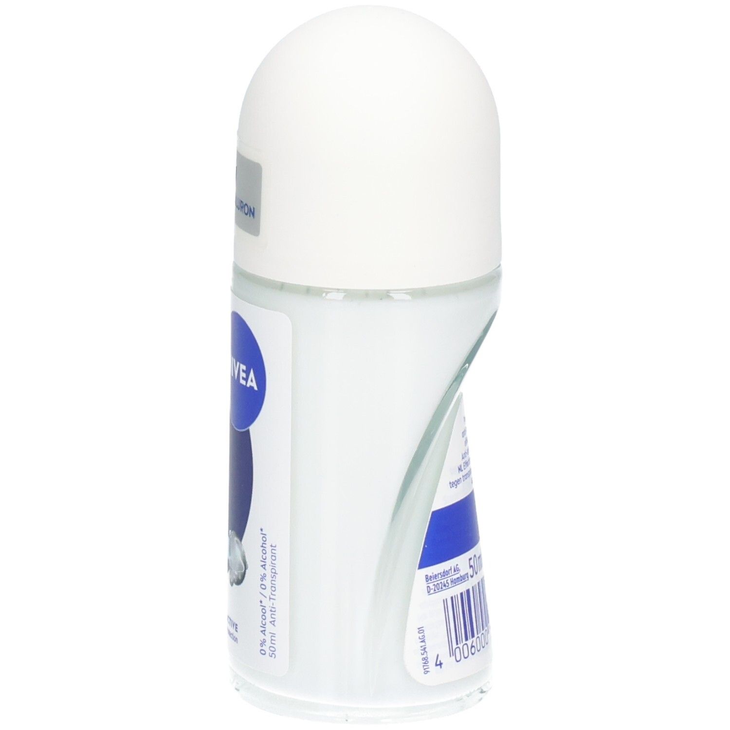 Vue latérale du déodorant roll-on. Bouchon blanc, flacon transparent avec étiquette bleu et blanc. Inscription : NIVEA.