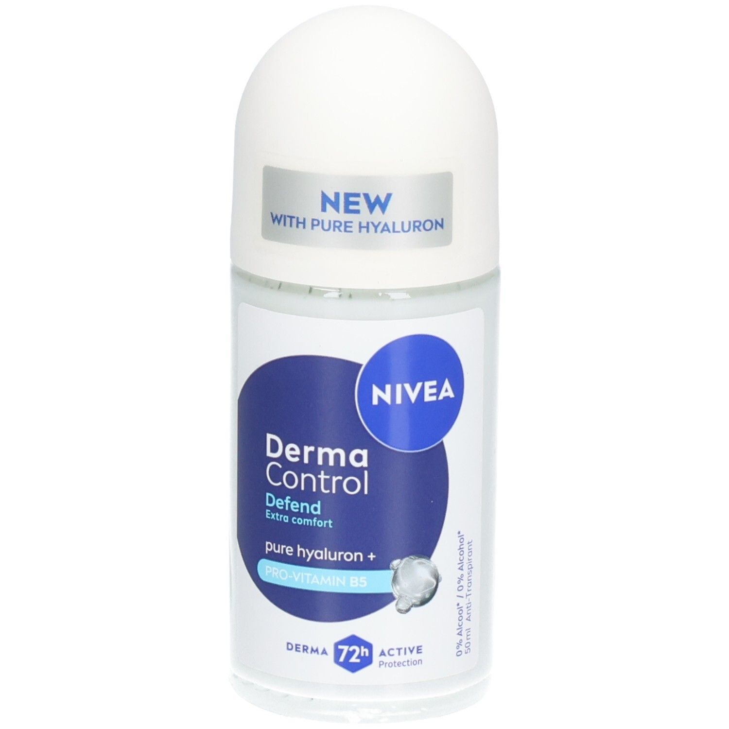Déodorant roll-on blanc et bleu. Inscriptions : NIVEA Derma Control Defend, avec hyaluron et pro-vitamine B5. Étiquette "NEW".