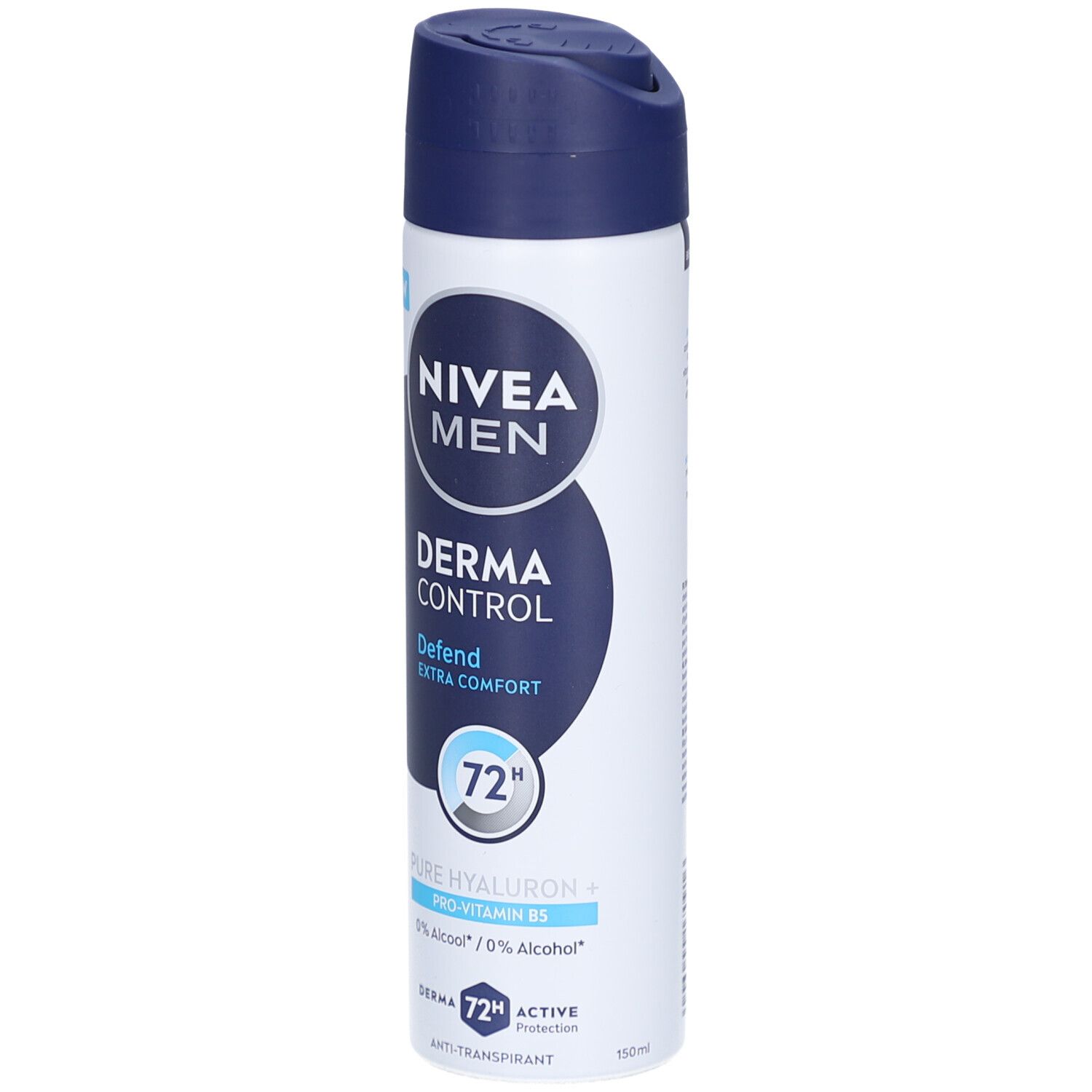 Bombe aérosol blanche et bleue. Inscription: NIVEA MEN, Derma Control, Defend, Extra Comfort. Indication 72h. Contient de l'acide hyaluronique et de la provitamine B5.