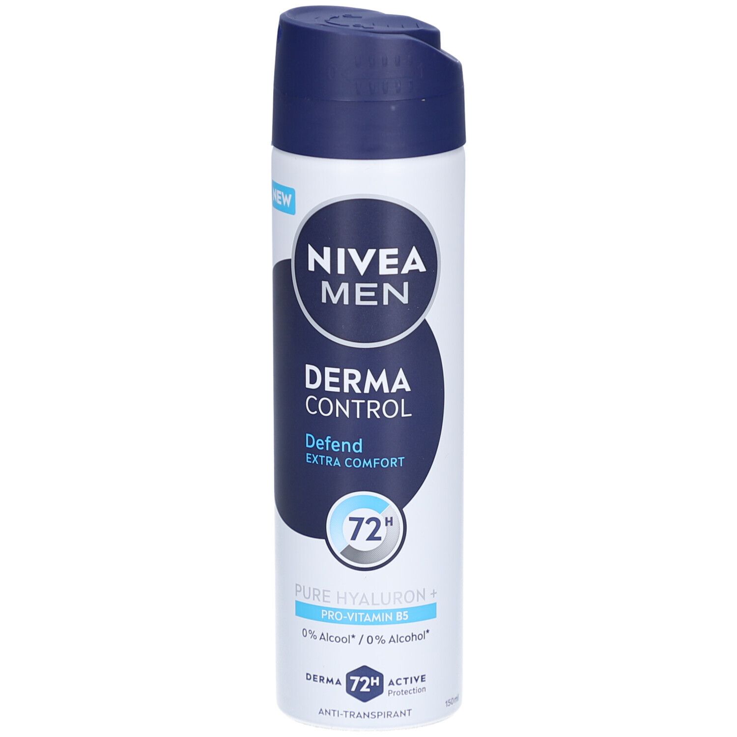 Bombe aérosol blanche et bleue. Inscription: NIVEA MEN, Derma Control, Defend, Extra Comfort. Indication 72h. Contient de l'acide hyaluronique et de la provitamine B5.