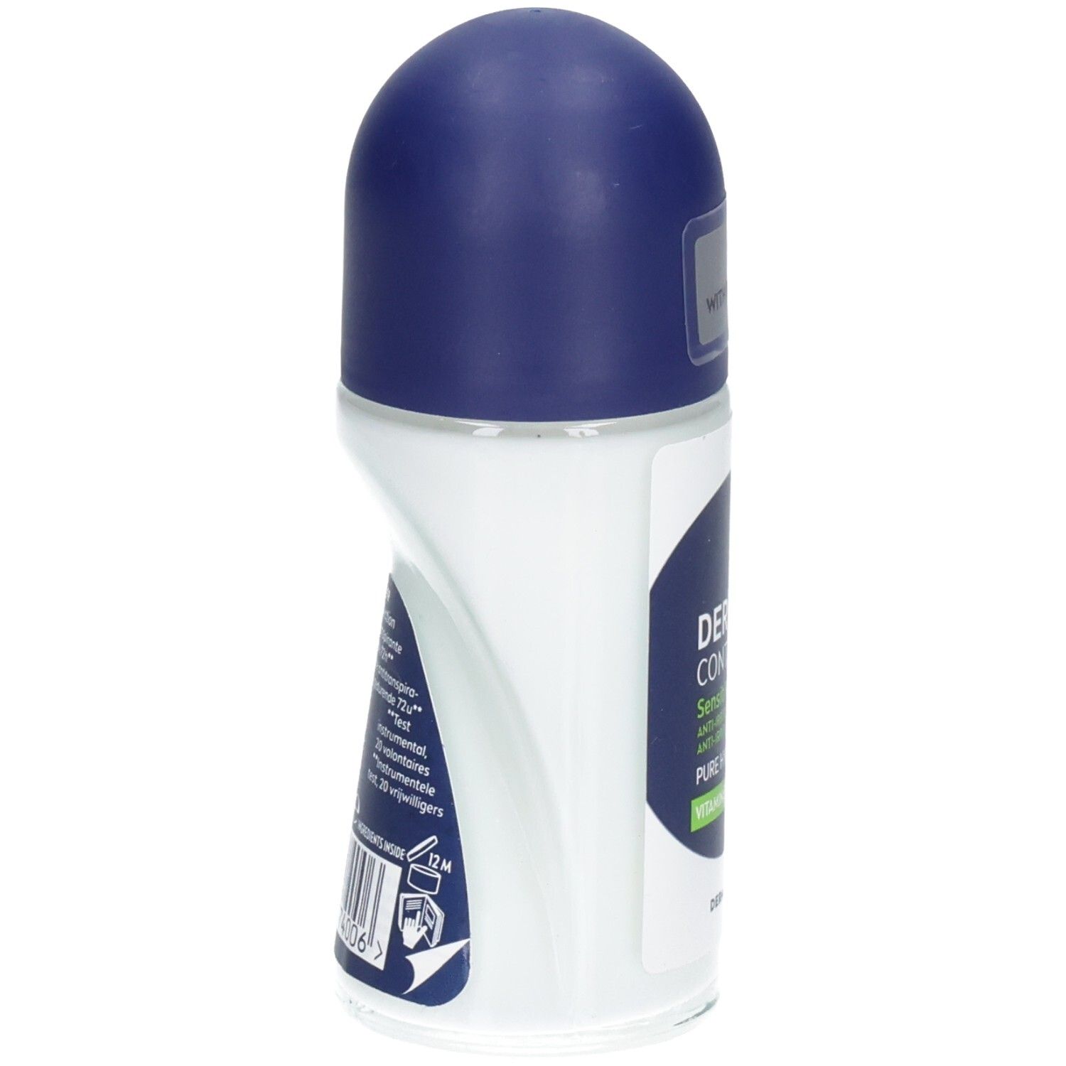 Déodorant roll-on, flacon blanc avec bouchon bleu. Inscriptions partiellement visibles. Informations et code-barres au dos.