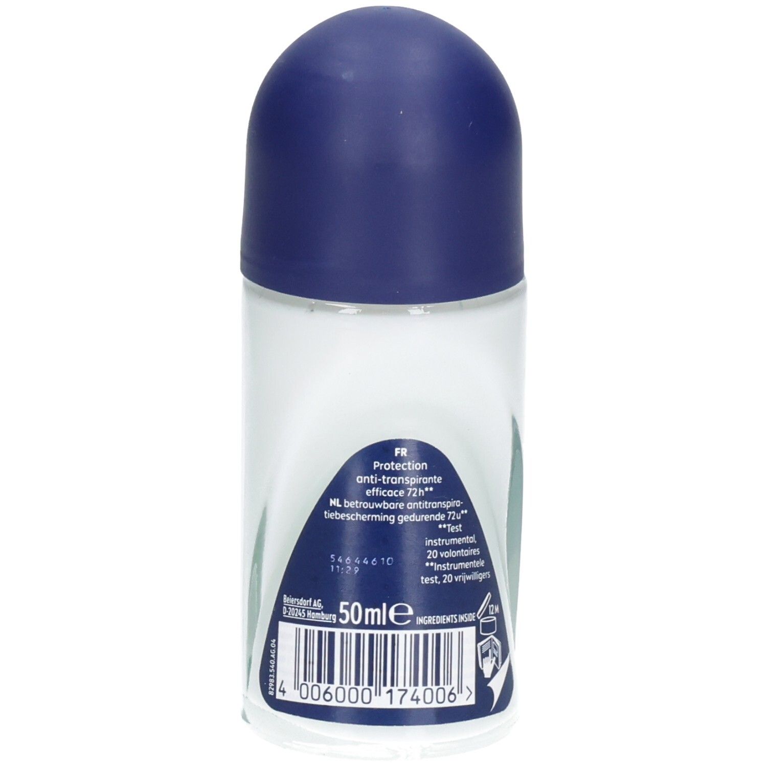 Déodorant roll-on, flacon blanc avec bouchon bleu. Inscription: 50ml. Code-barres et informations au dos.