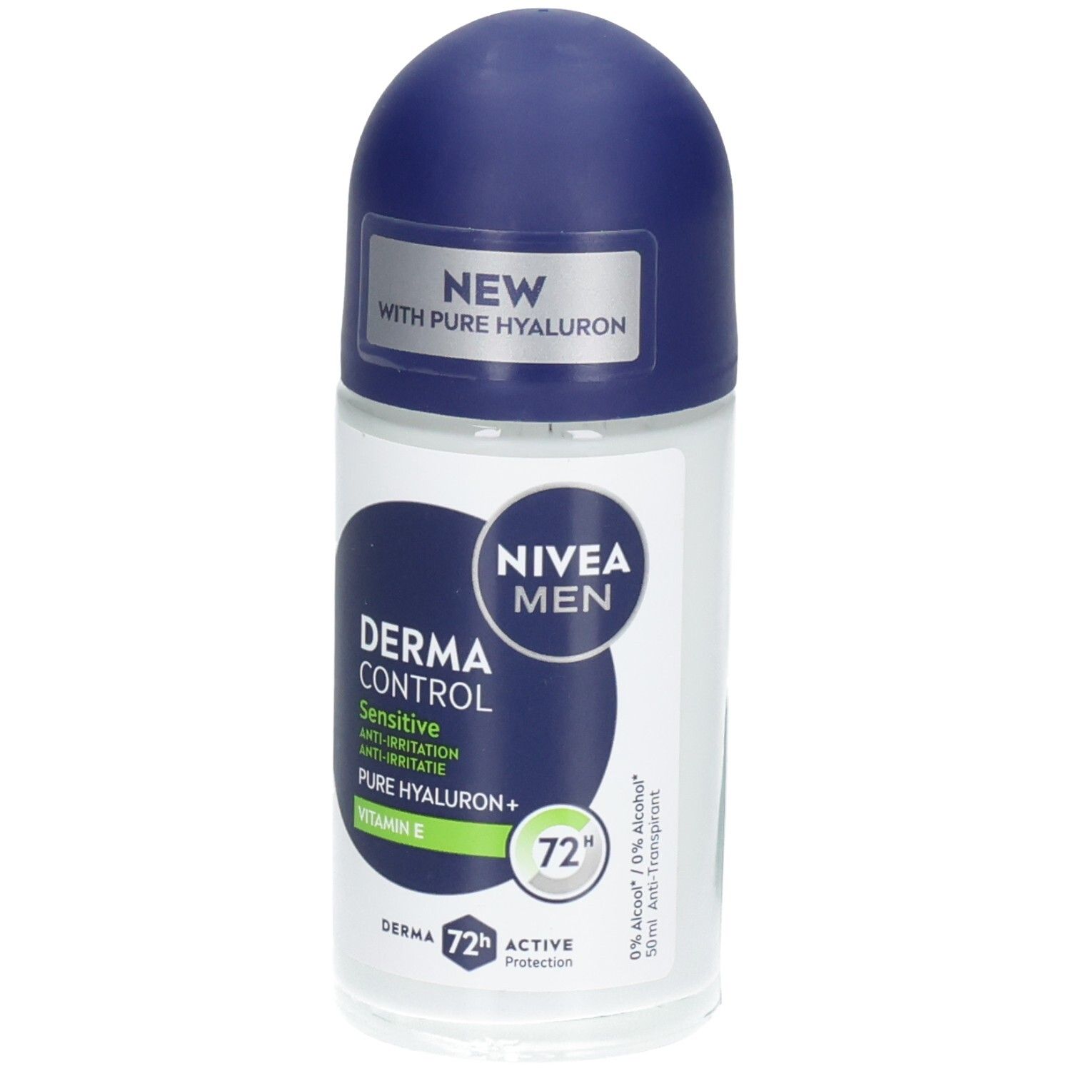 Déodorant roll-on avec bouchon bleu. Inscriptions: NIVEA MEN, Derma Control Sensitive, Pure Hyaluron+, Vitamine E. 72h Active Protection.